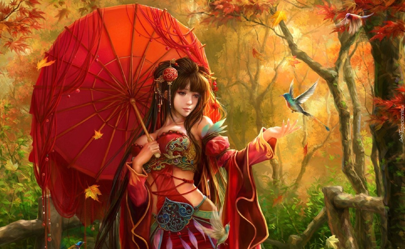 Dziewczyna, Parasol, Las, Ptak, Manga Anime