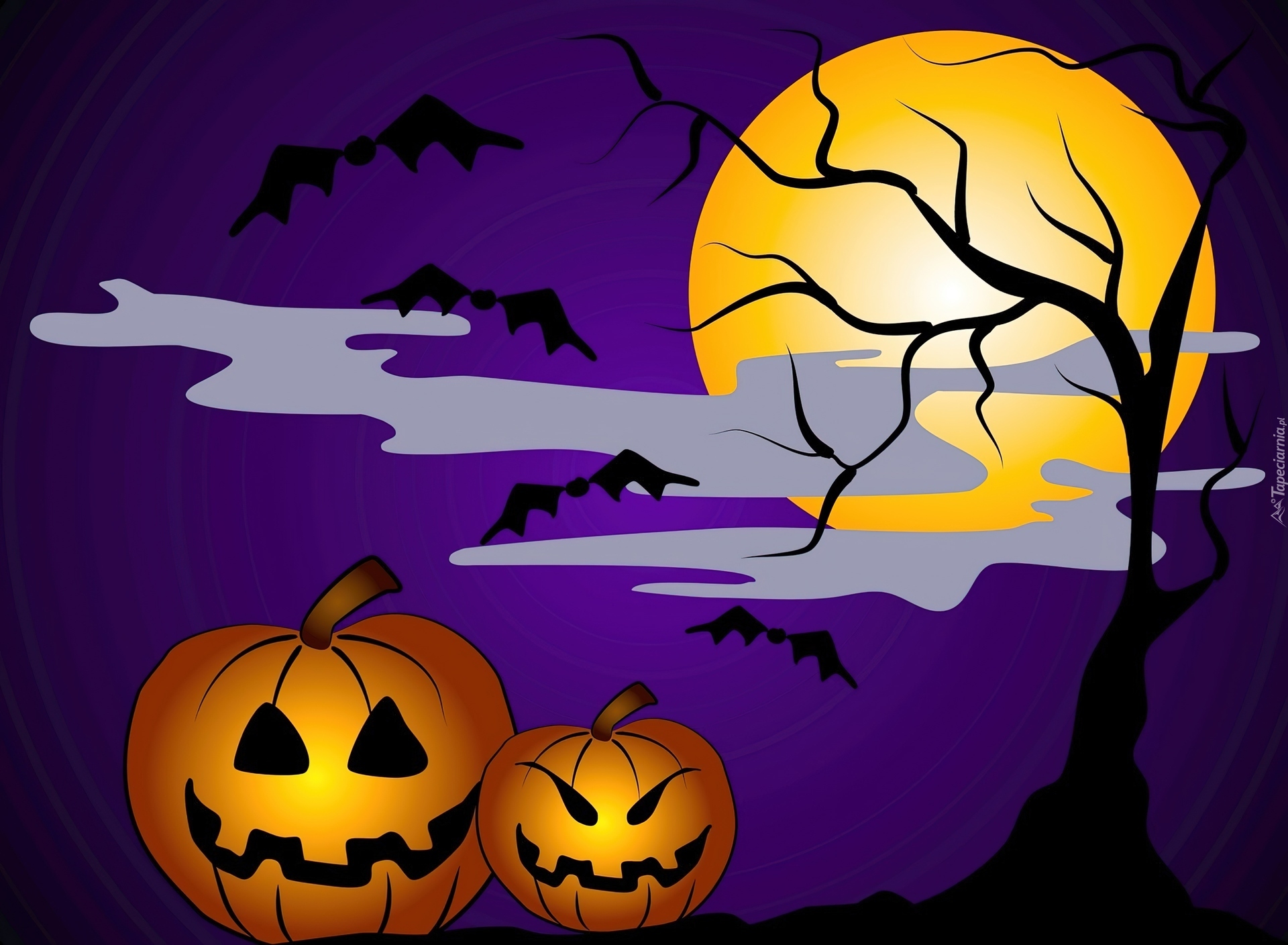 Dwie, Dynie, Księżyc, Drzewo, Halloween, Grafika