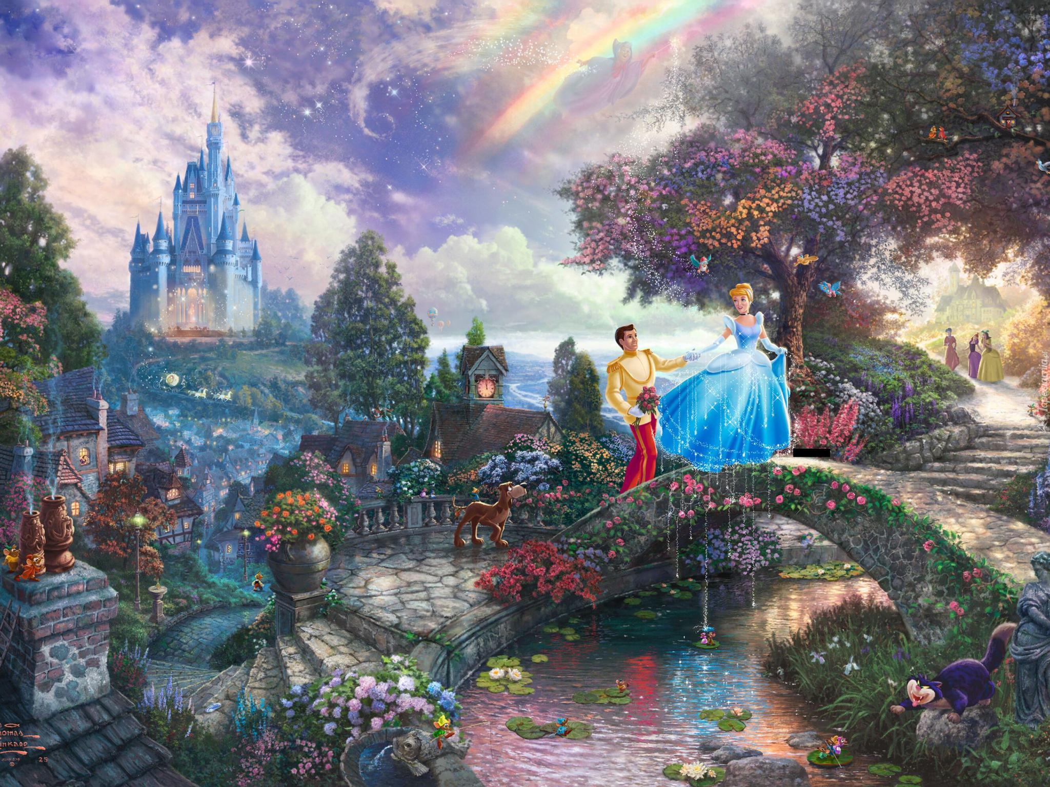 Reprodukcja, Thomas Kinkade, Kopciuszek, Cinderella, Las, Tęcza