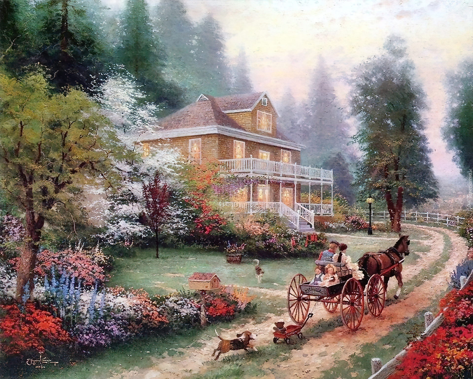Dom, Droga, Bryczka, Obraz, Thomas Kinkade