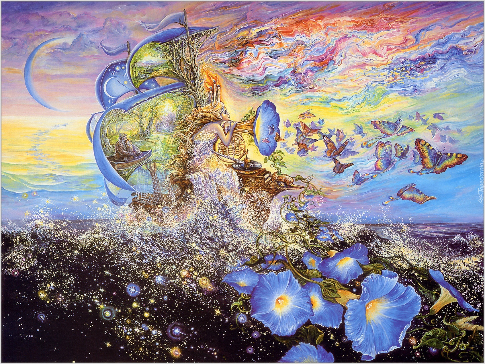 Kobieta, Patefon, Motyle, Josephine Wall