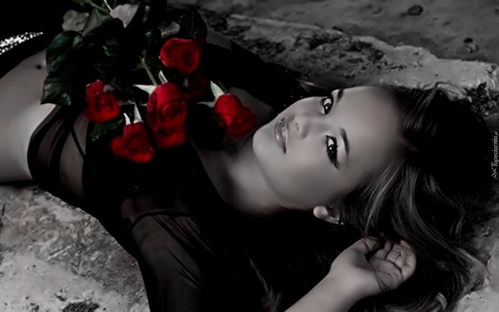 Kobieta, Spojrzenie, Czerwone, Róże