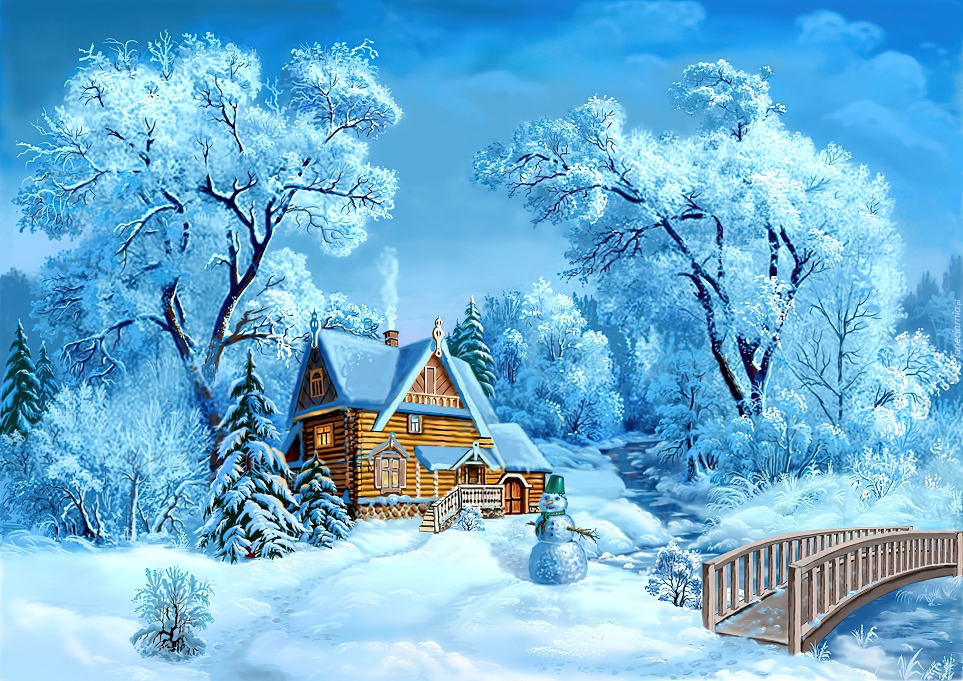 Drzewa, Śnieg, Domek, Zima