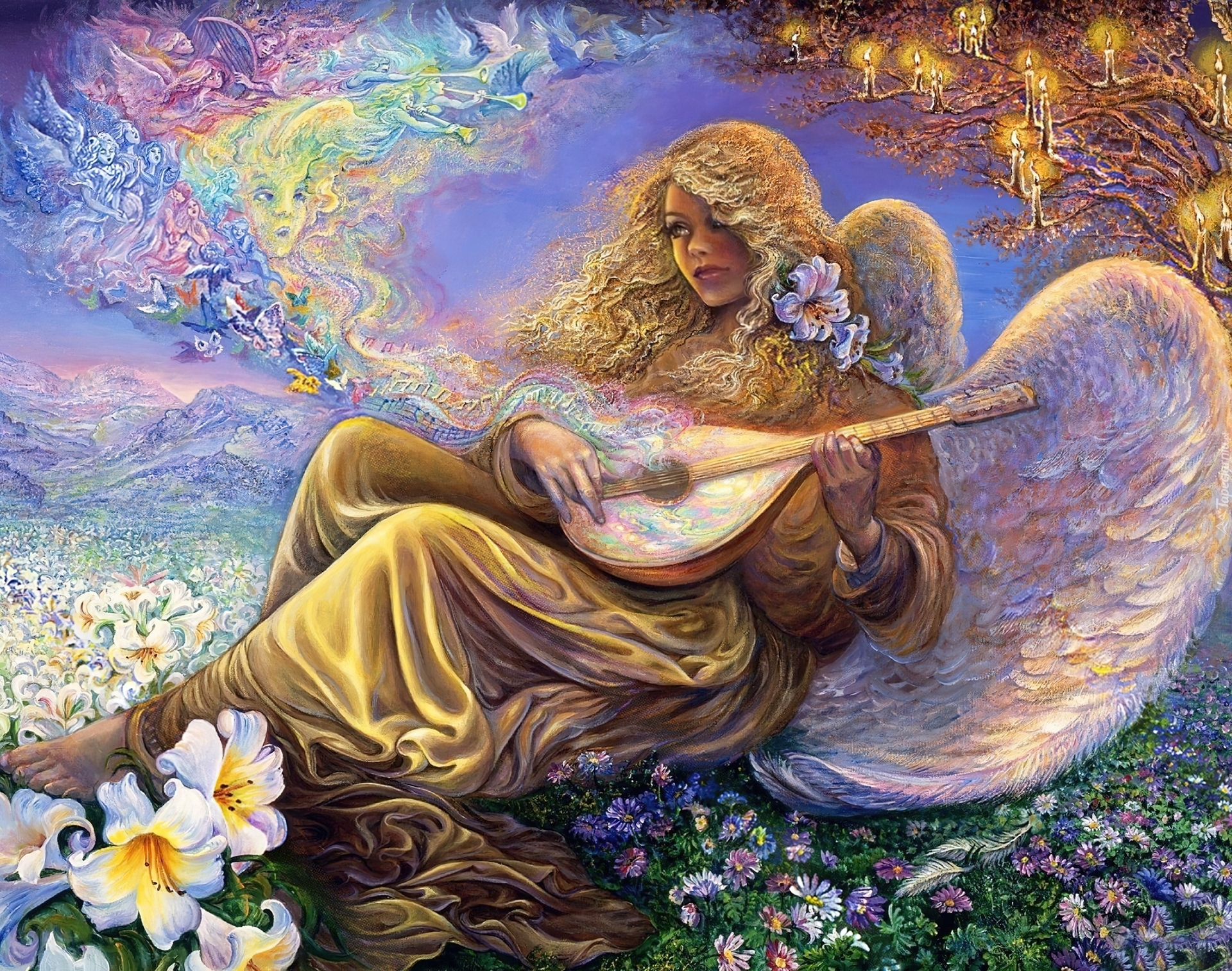 Kobieta, Anioł, Instrument, Kwiaty, Josephine Wall