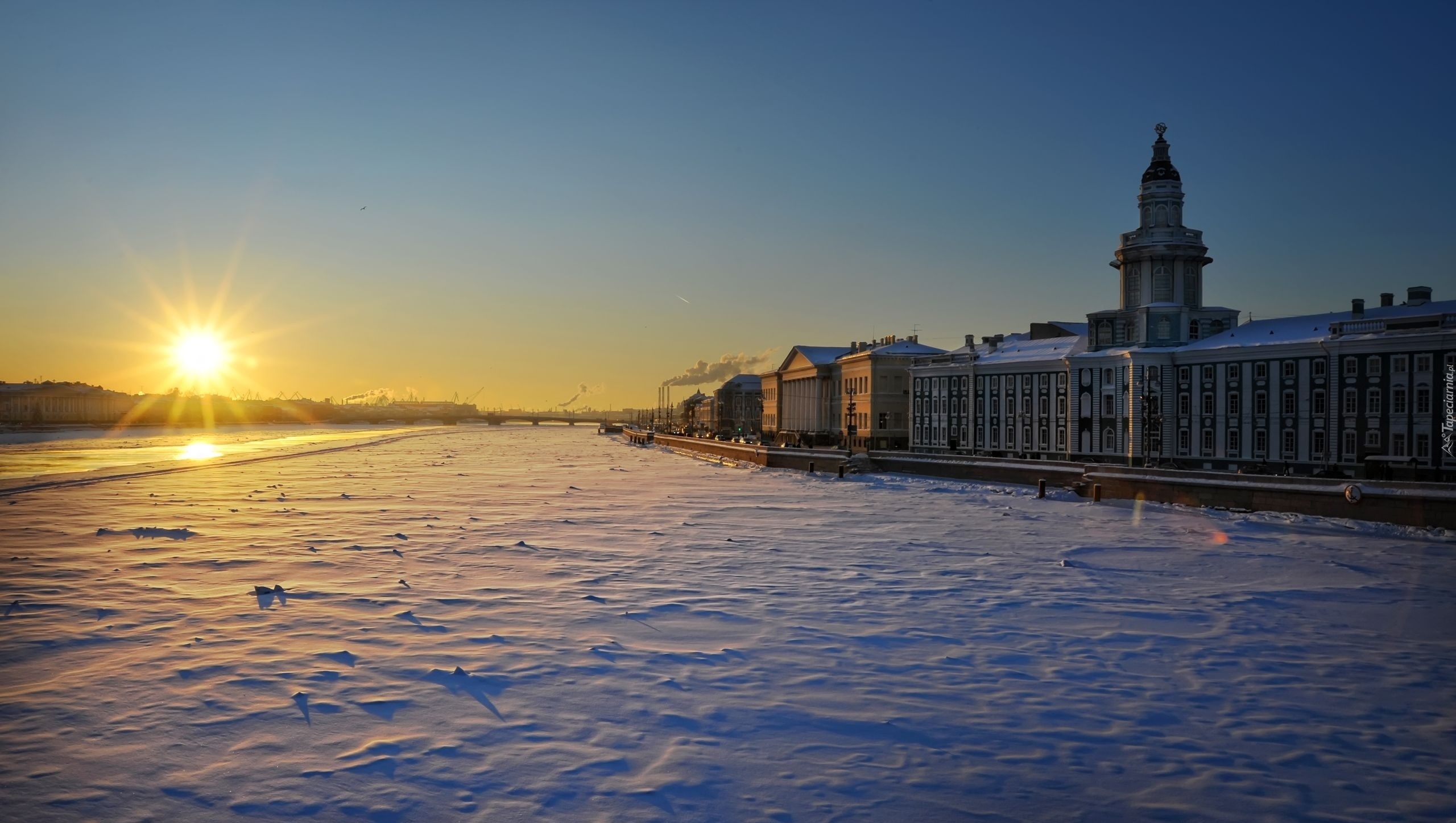 Zima, Śnieg, Miasto, Słoneczko