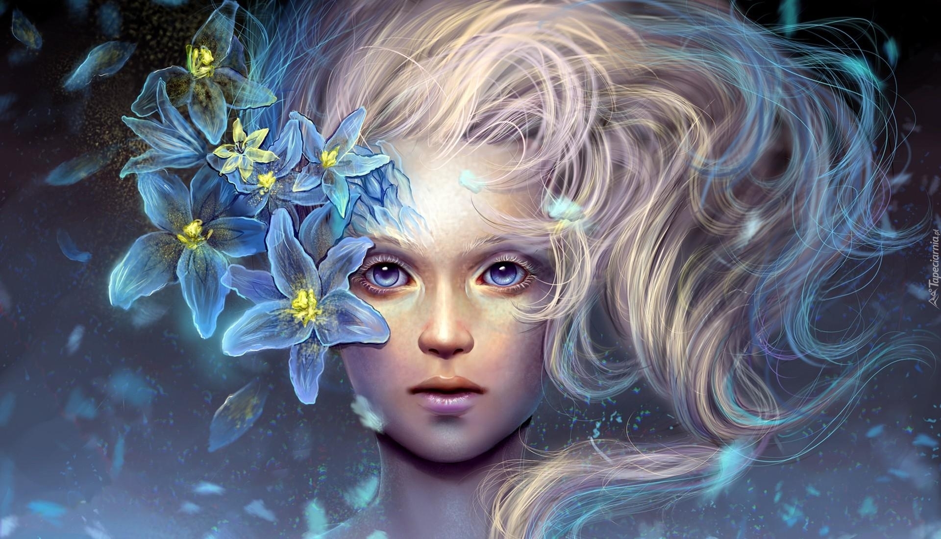Dziewczyna, Niebieskie, Kwiaty