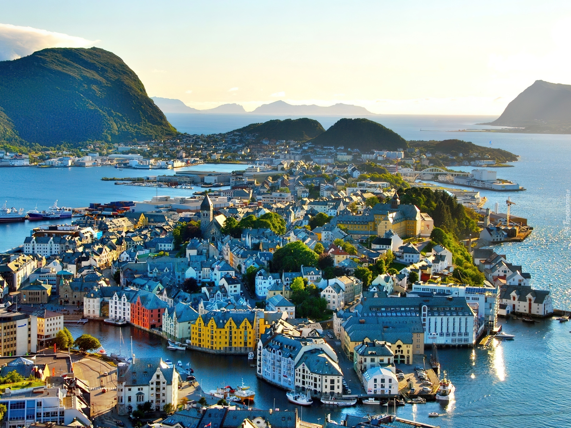 Morze, Panorama, Miasta, Alesund, Norwegia