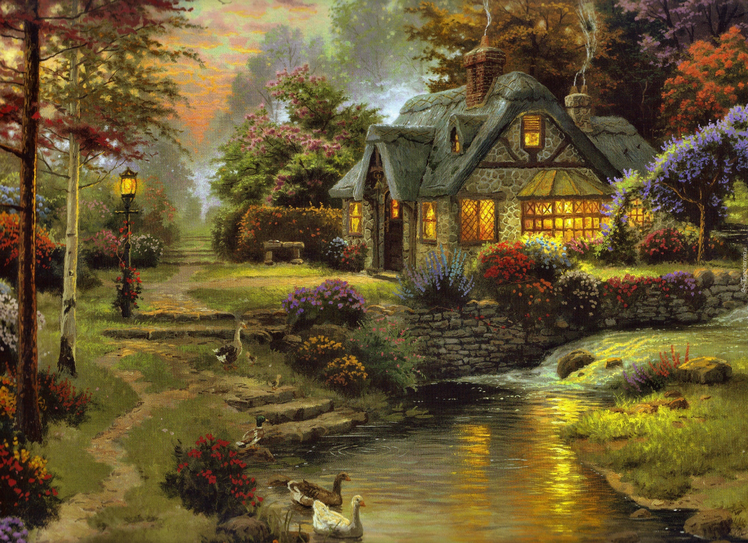 Domek, Drzewa, Rzeczka, Krzewy, Kwiaty, Obraz, Thomas Kinkade