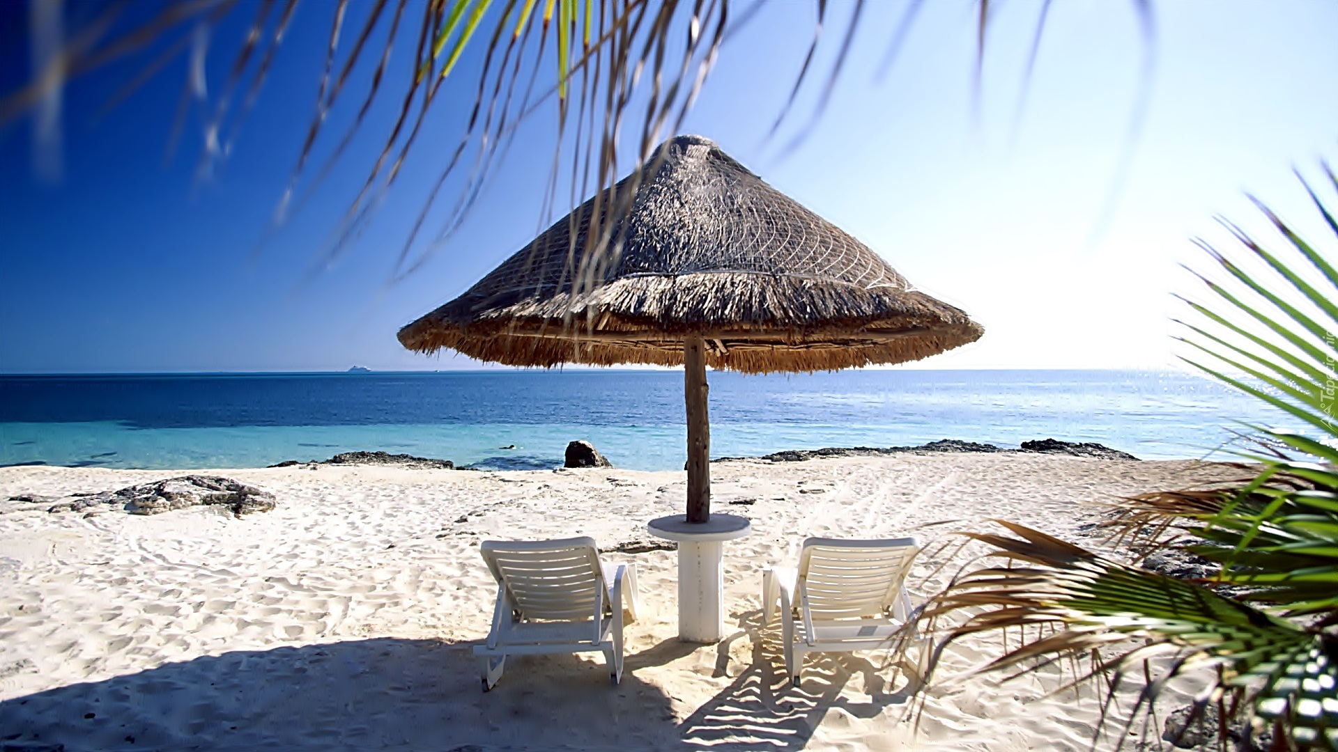 Ocean, Plaża, Parasol, Leżaki, Tropik