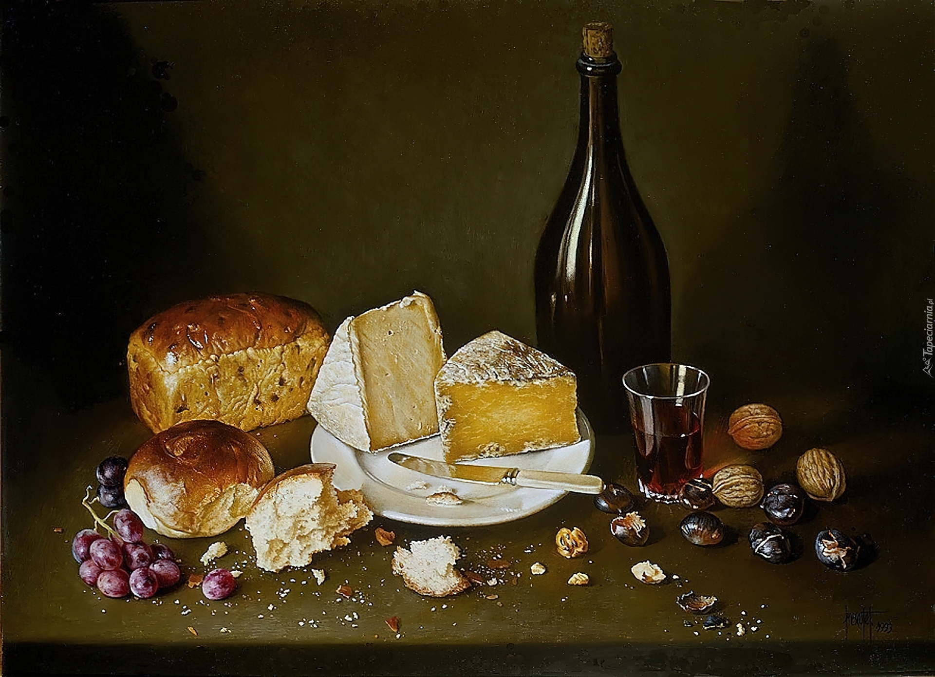 Butelka, Wino, Ser, Chleb, Winogrona, Stół