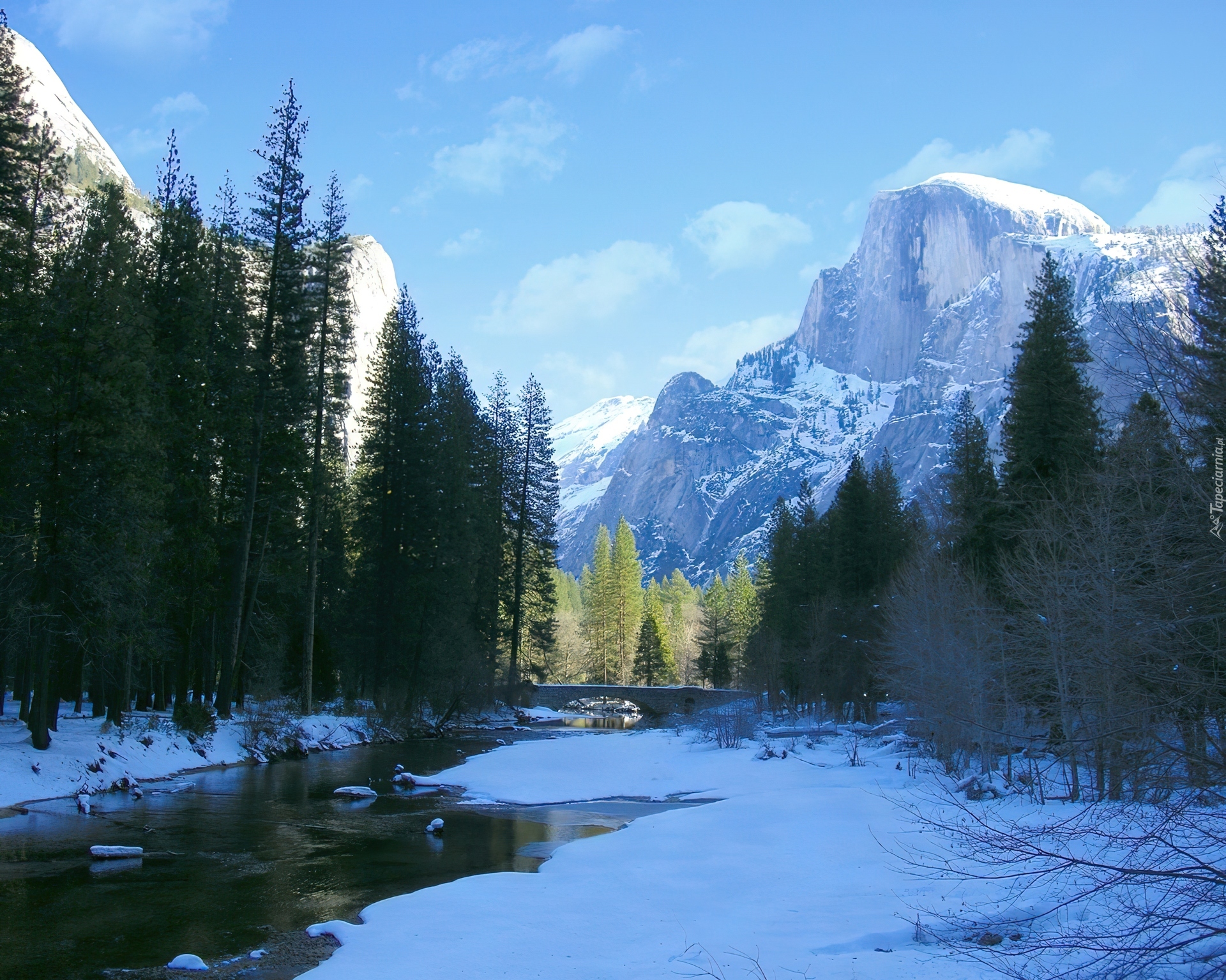 Stany Zjednoczone, Stan Kalifornia, Park Narodowy Yosemite, Rzeka, Zalesione, Brzegi, Góry, Zima