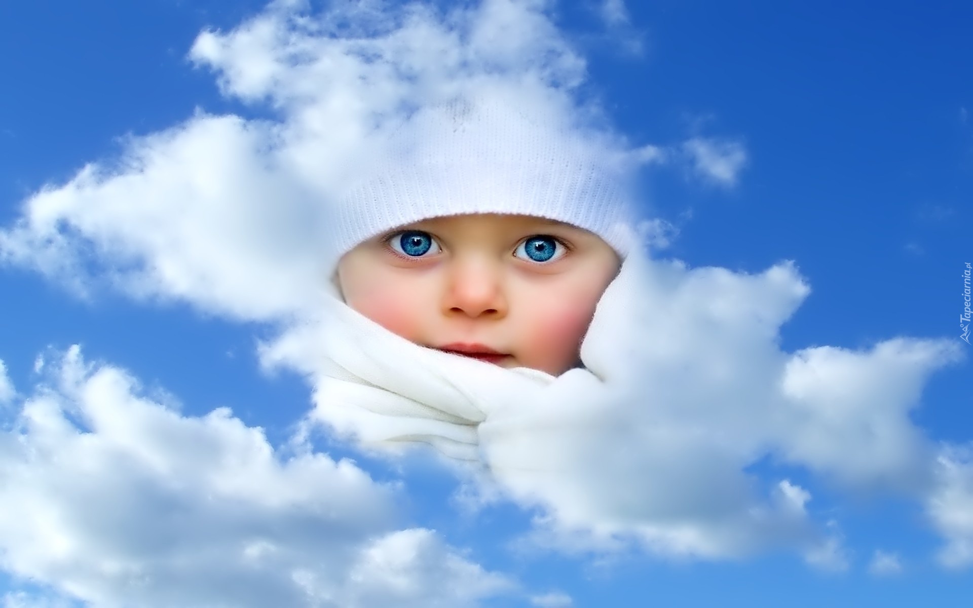 Dziecko, Twarz, Niebieskie, Oczy, Niebo, Chmury