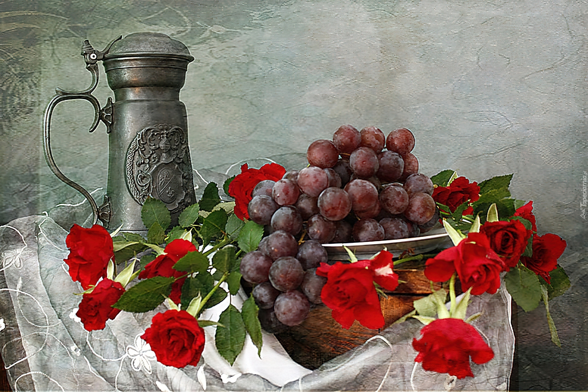 Kufel, Kwiaty, Róże, Winogrona