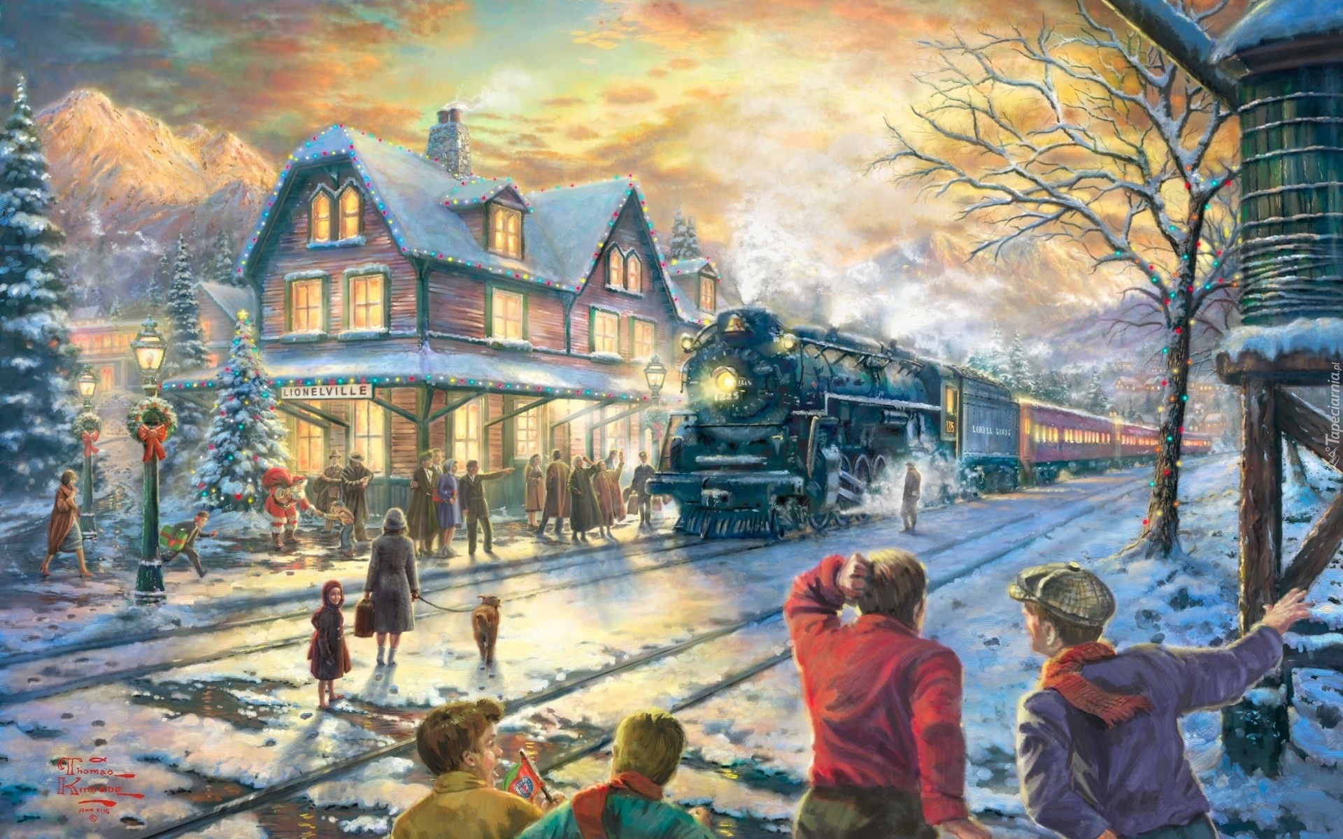Obraz, Zima, Święta, Dworzec, Pociąg
