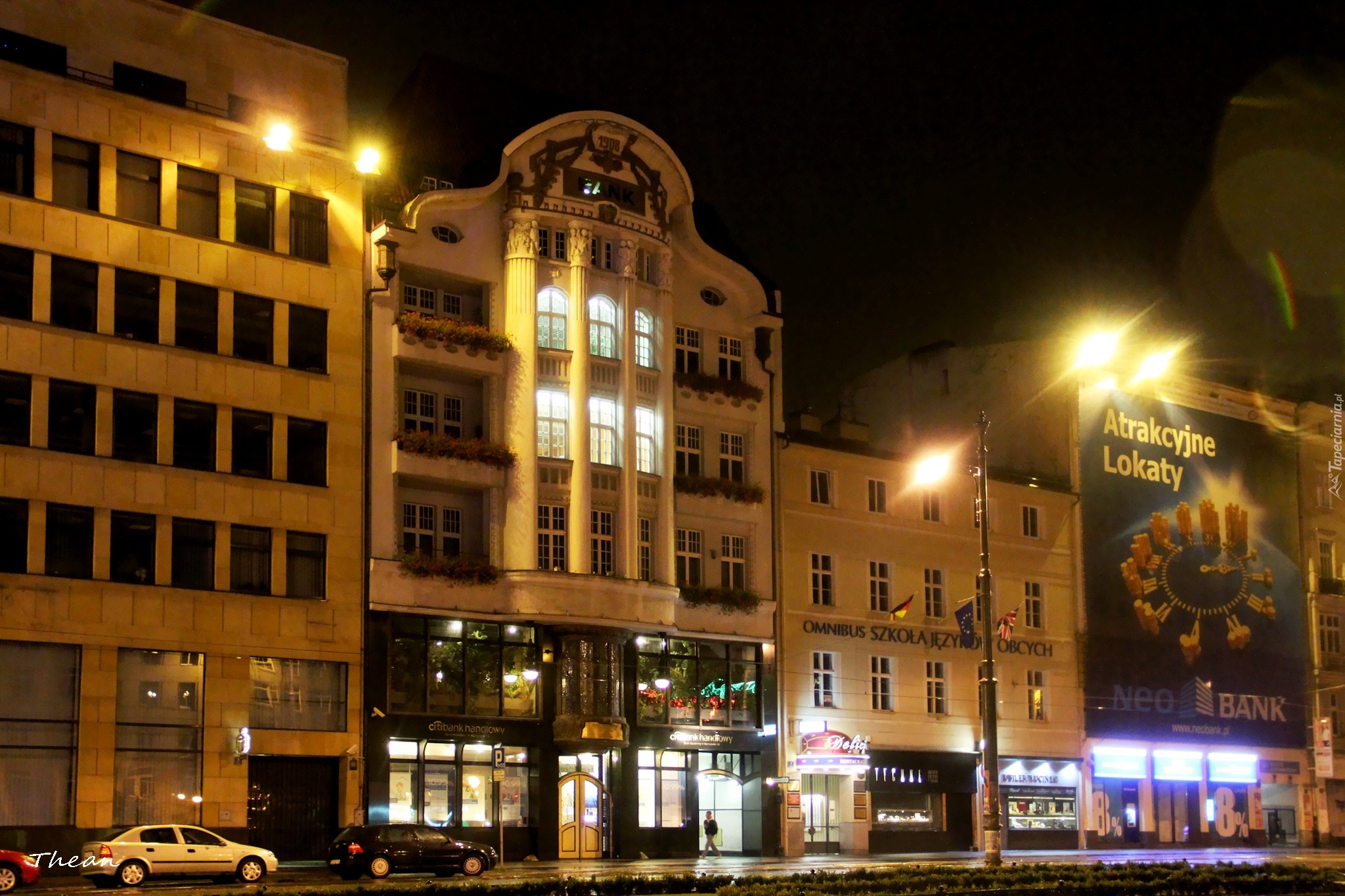 Ulica, Nocą, Poznań, Budynki, Centrum