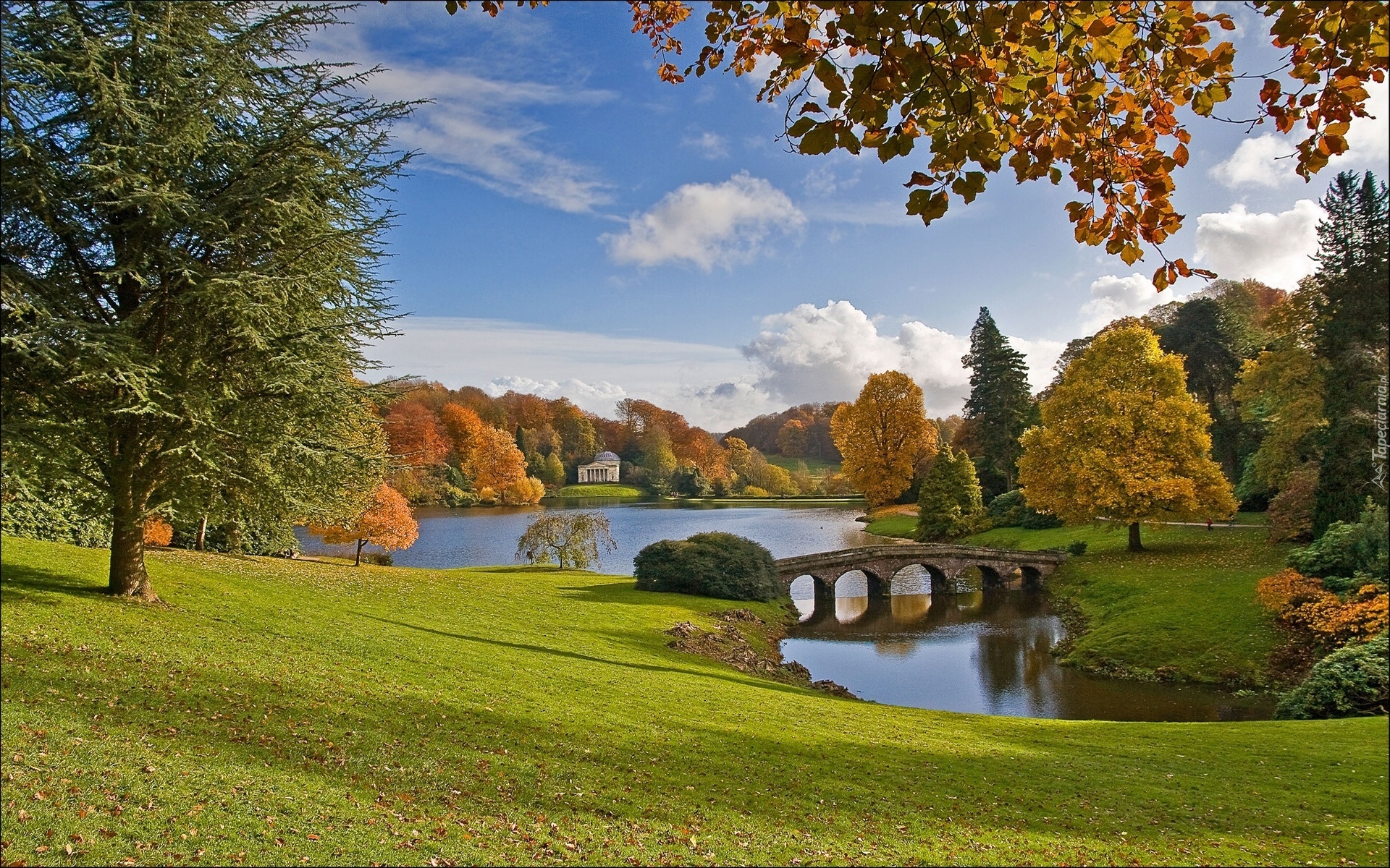 Jeziorko, Mostek, Ogród, Stourhead, Anglia