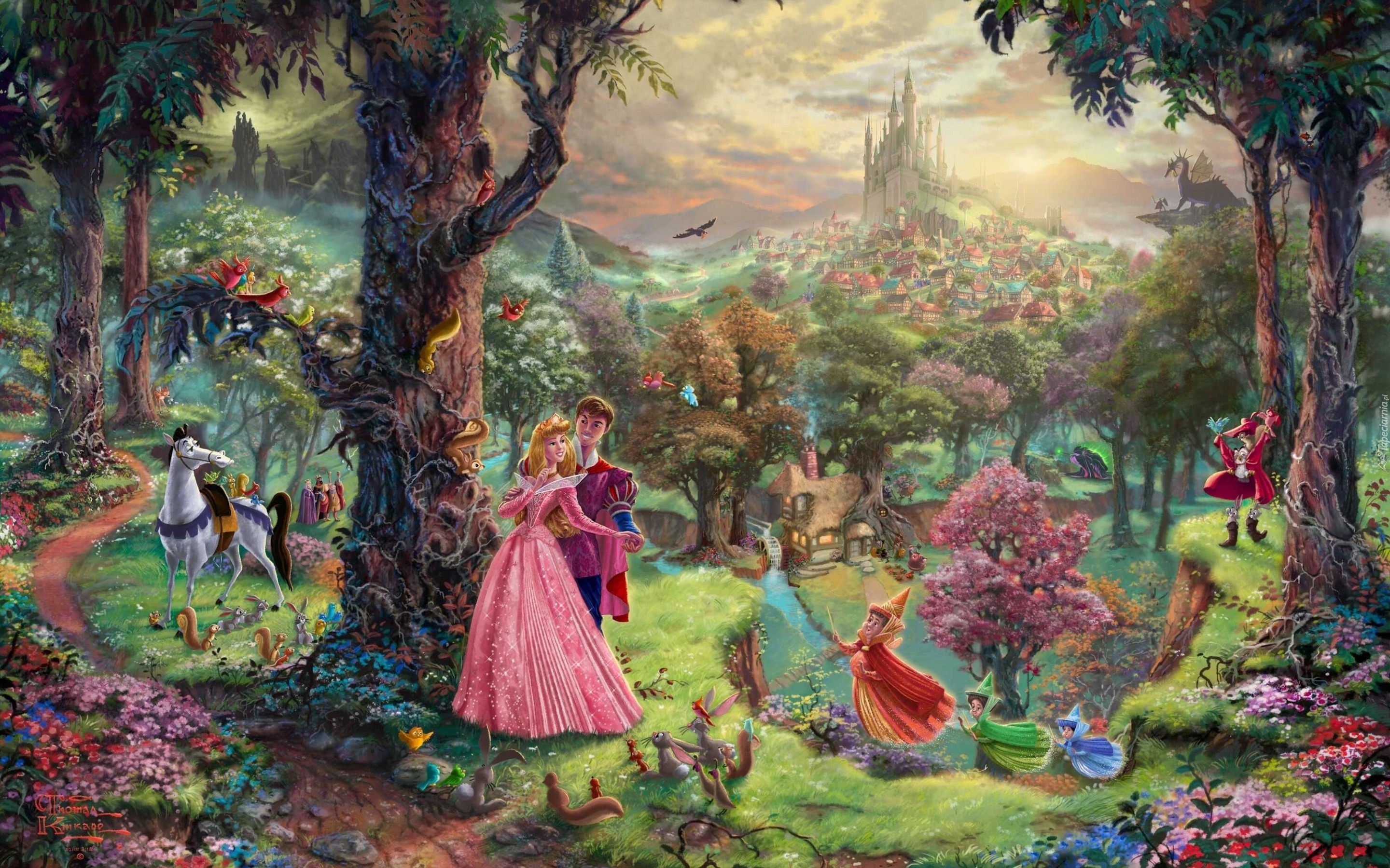 Thomas Kinkade, Disney, Śpiąca Królewna, Sleeping Beauty, Wróżki, Las