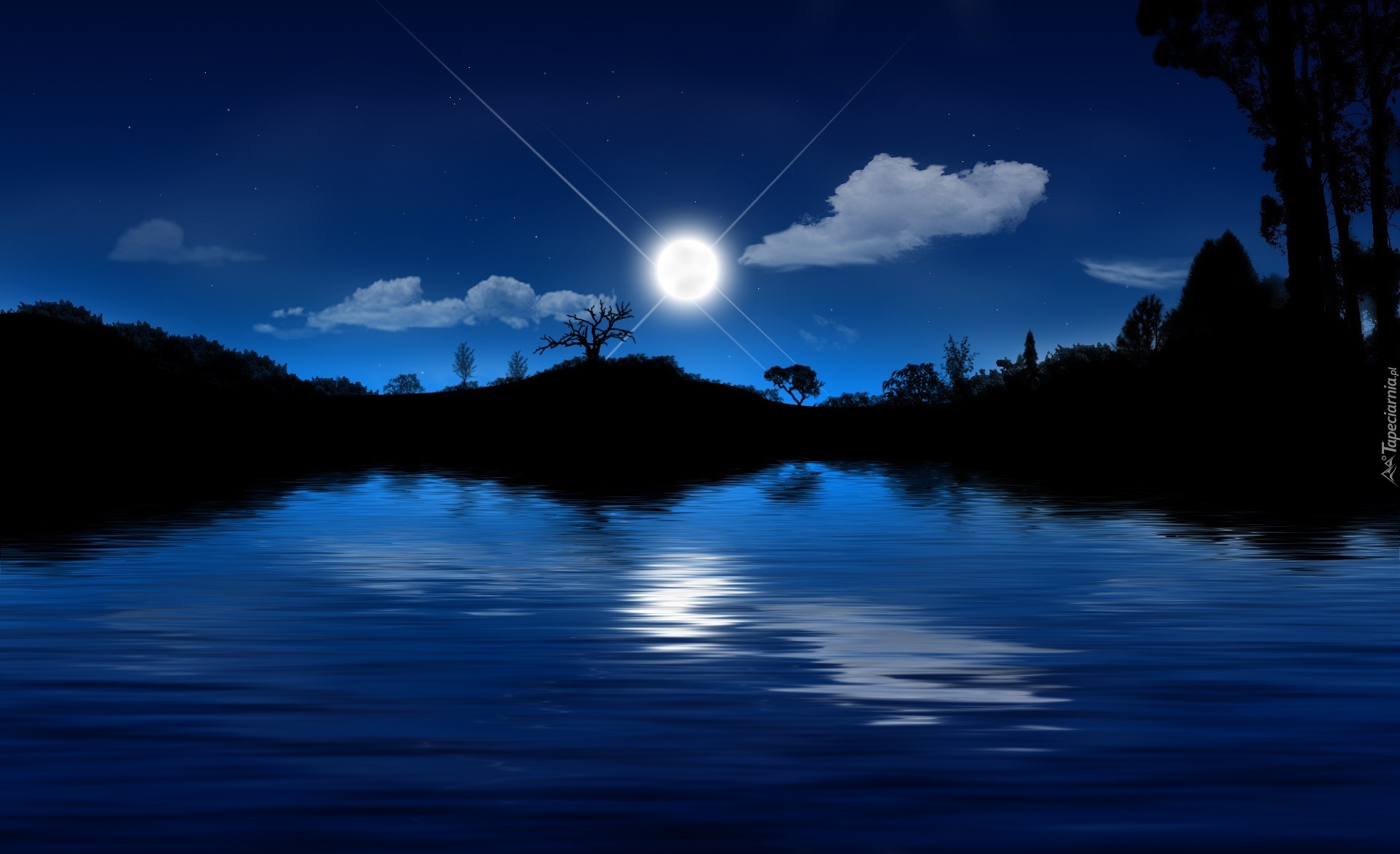 Noc, Jezioro, Księżyc, Gwiazdy, Odbicie