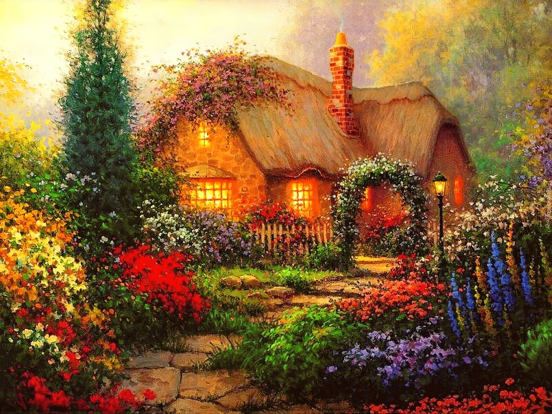 Dom, Ogród, Dróżka, Kwiaty, Thomas Kinkade