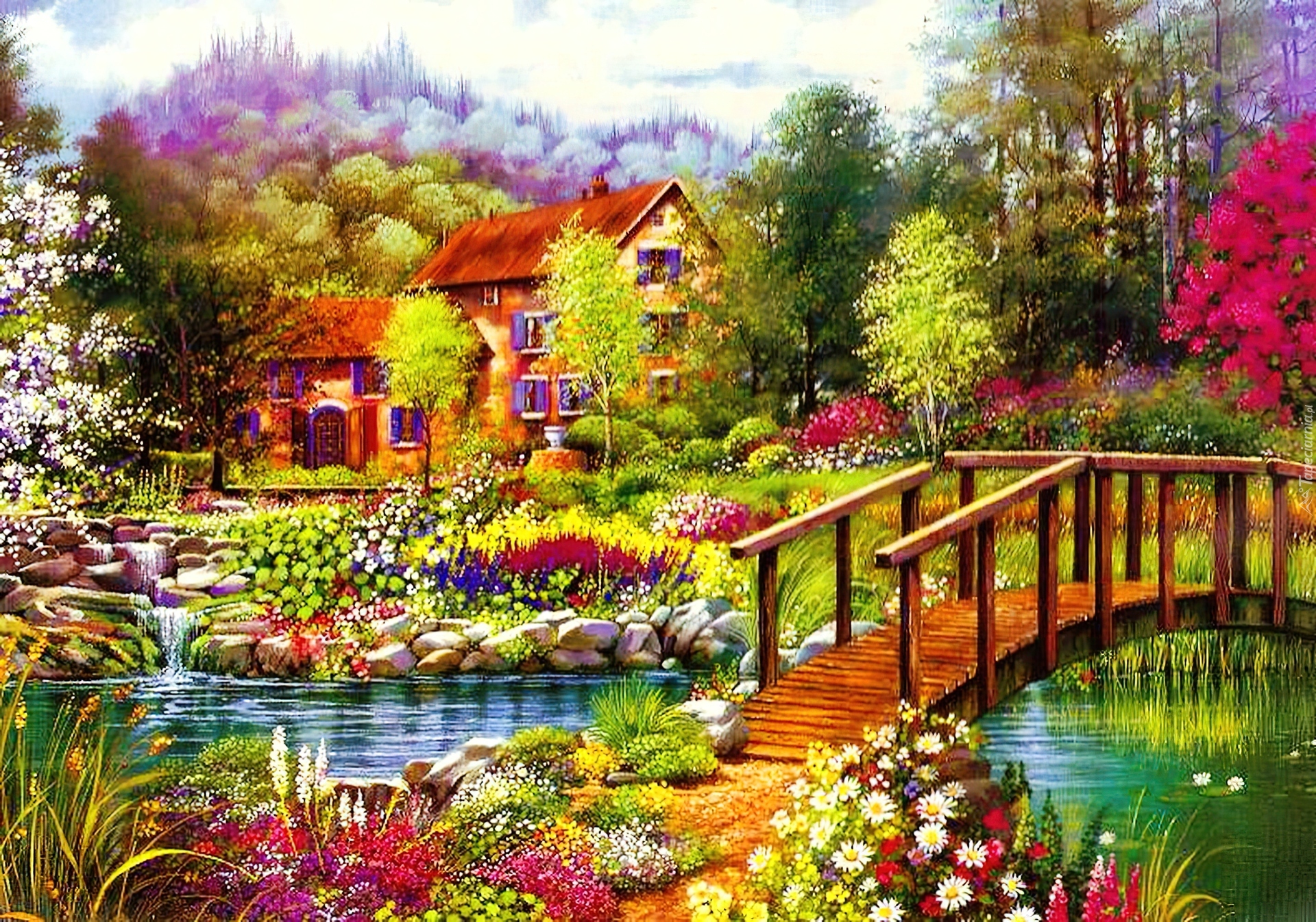 Ogród, Mostek, Rzeka, Dom, Kwiaty