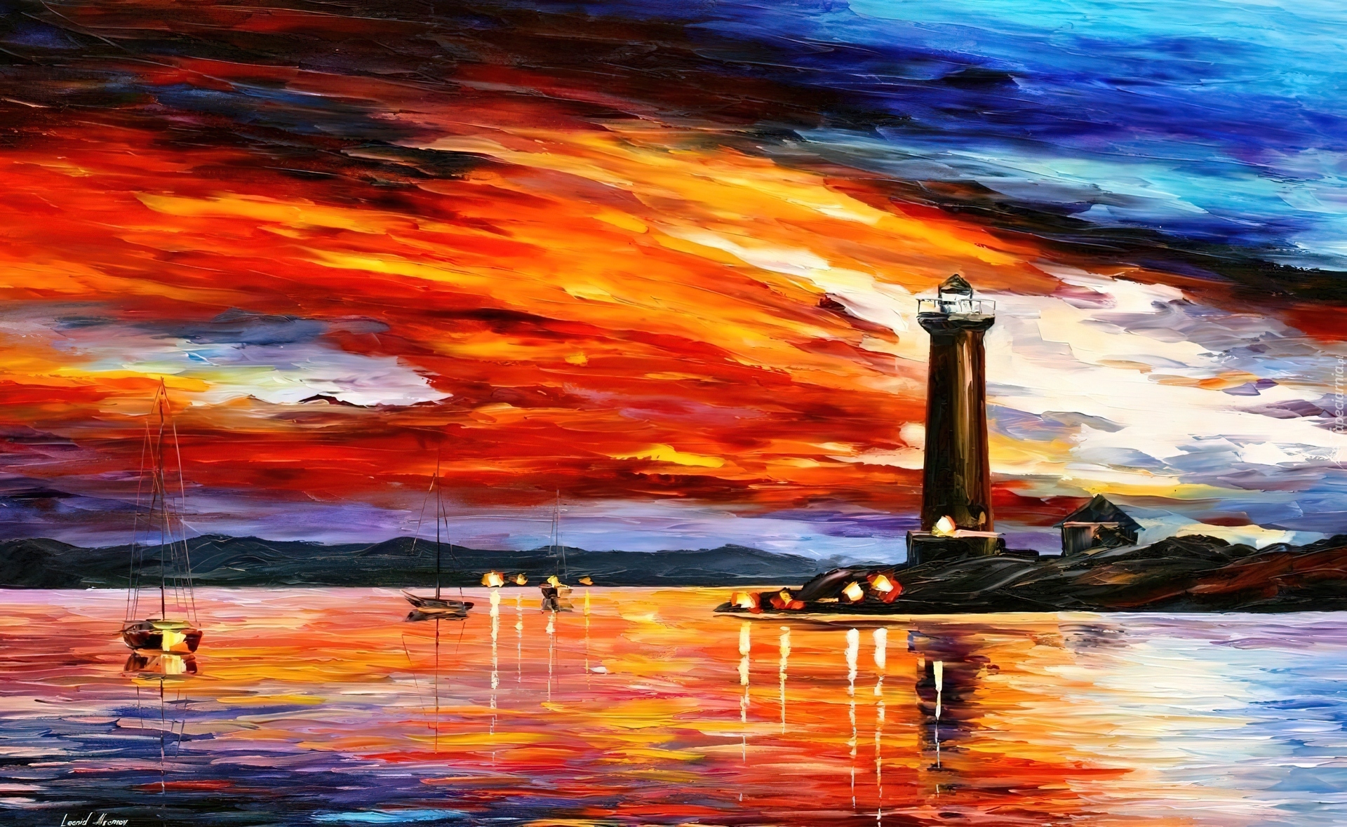 Obraz, Reprodukcja, Leonid Afremov, Latarnia, Morska