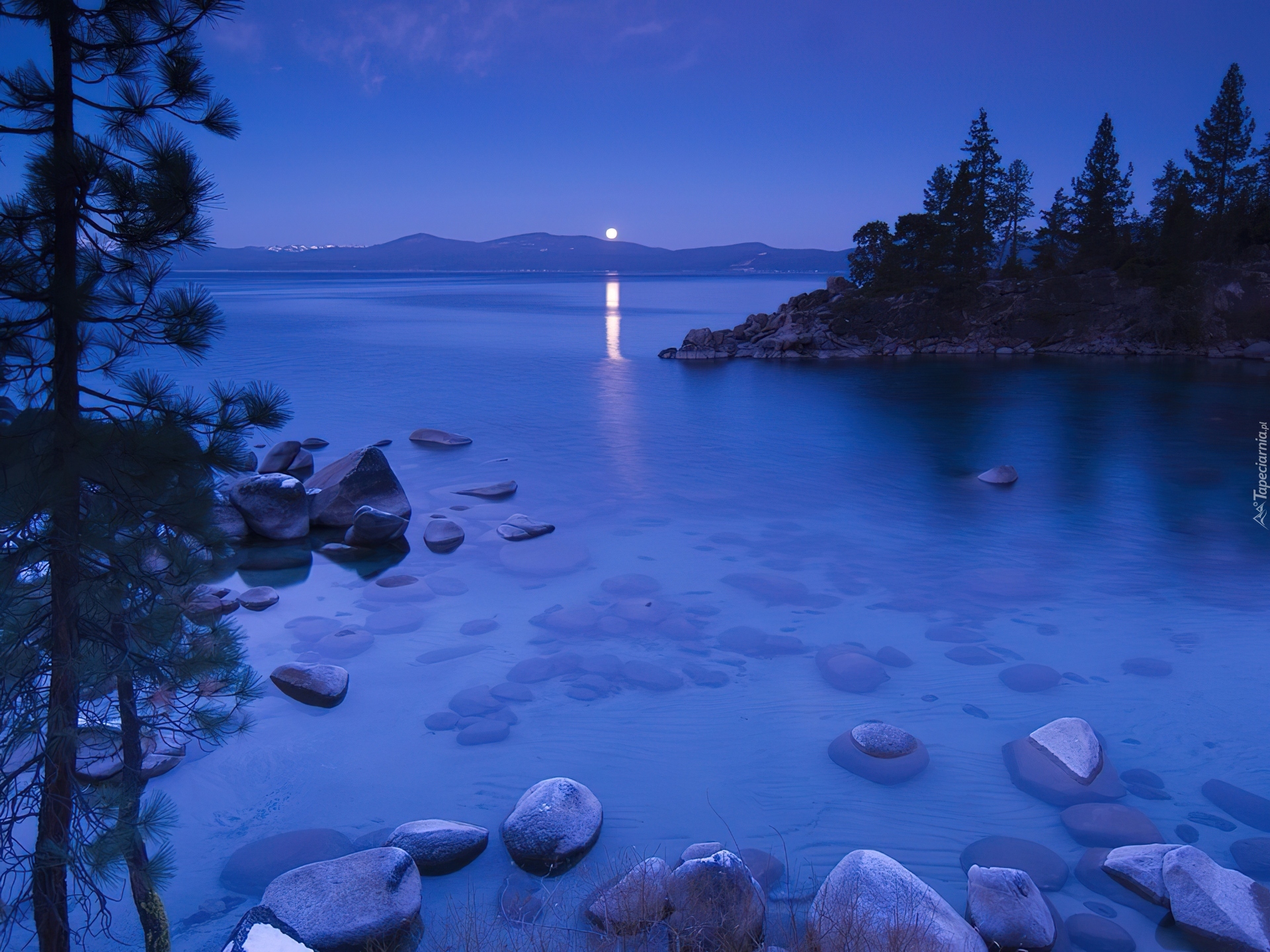Jezioro, Kamienie, Drzewa, Noc, Tahoe, Kalifornia