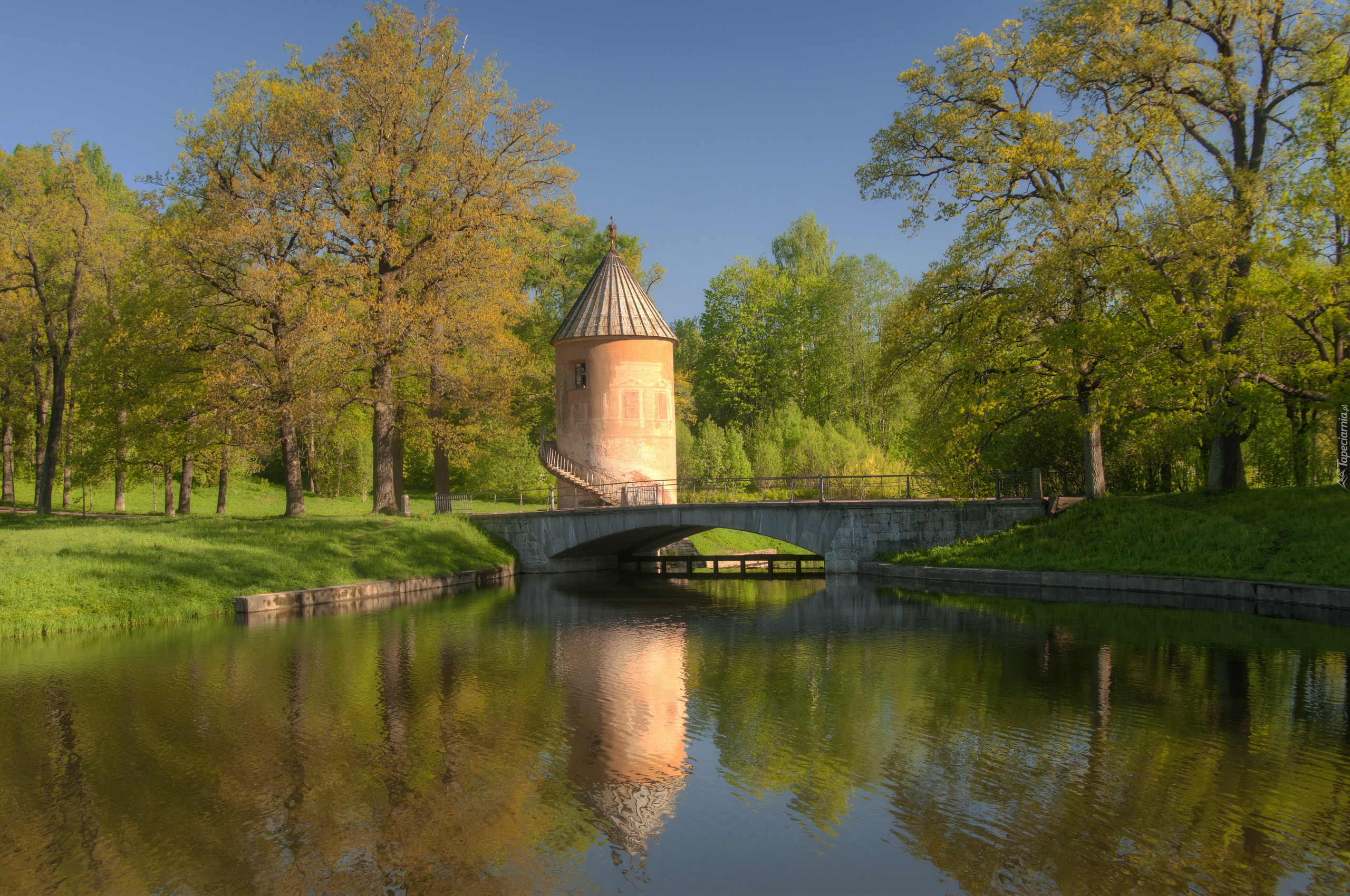 Park, Rzeka, Mostek, Drzewa