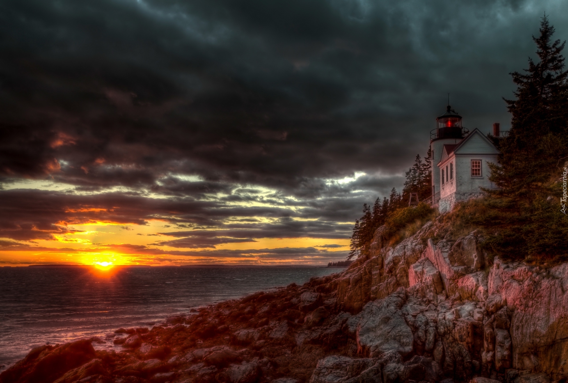 Latarnia Morska, Morze, Chmury, Zachód Słońca, Bass Harbor, Maine