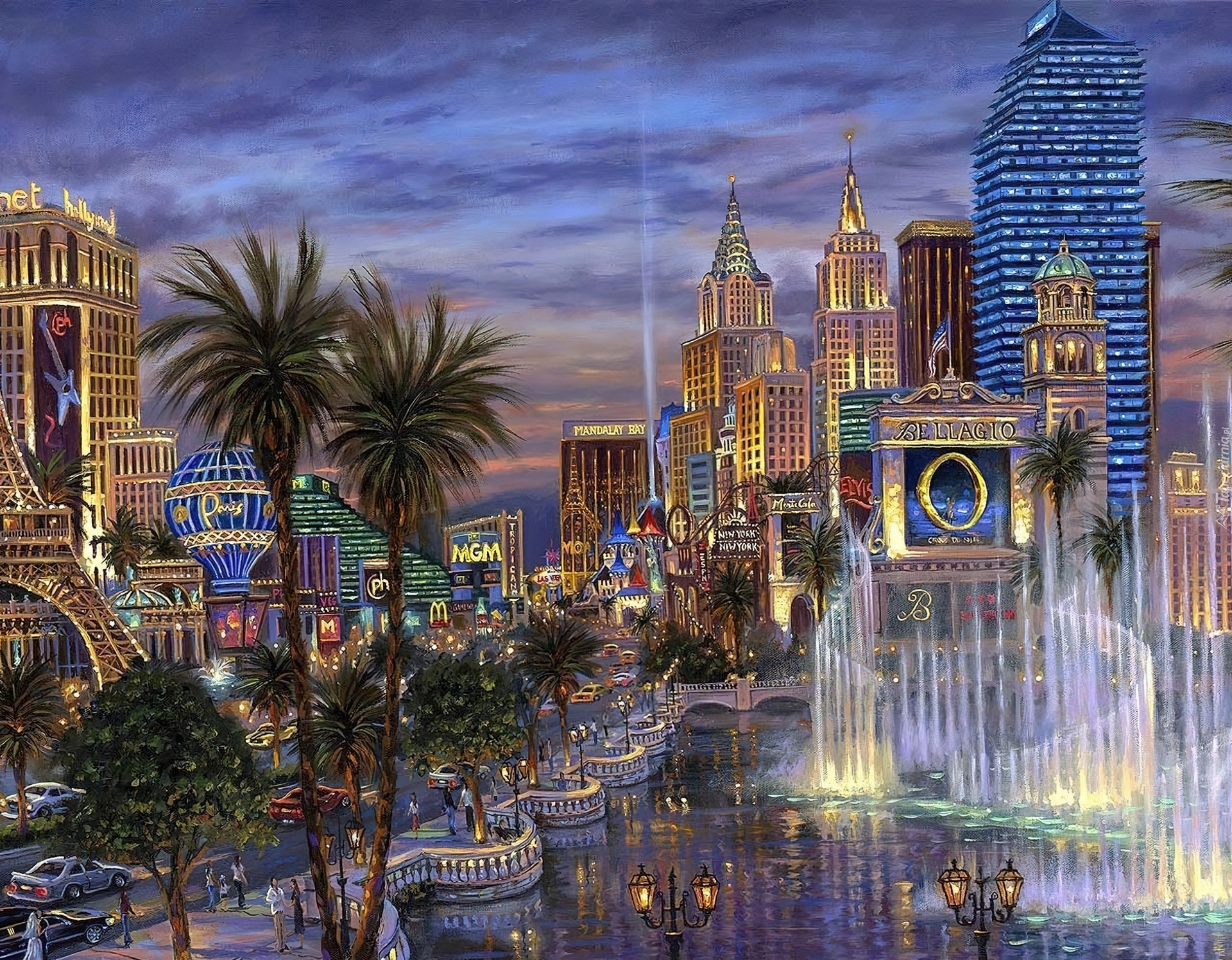 Las Vegas, Panorama, Rzeka, Palmy, Drapacze, Chmur, Noc