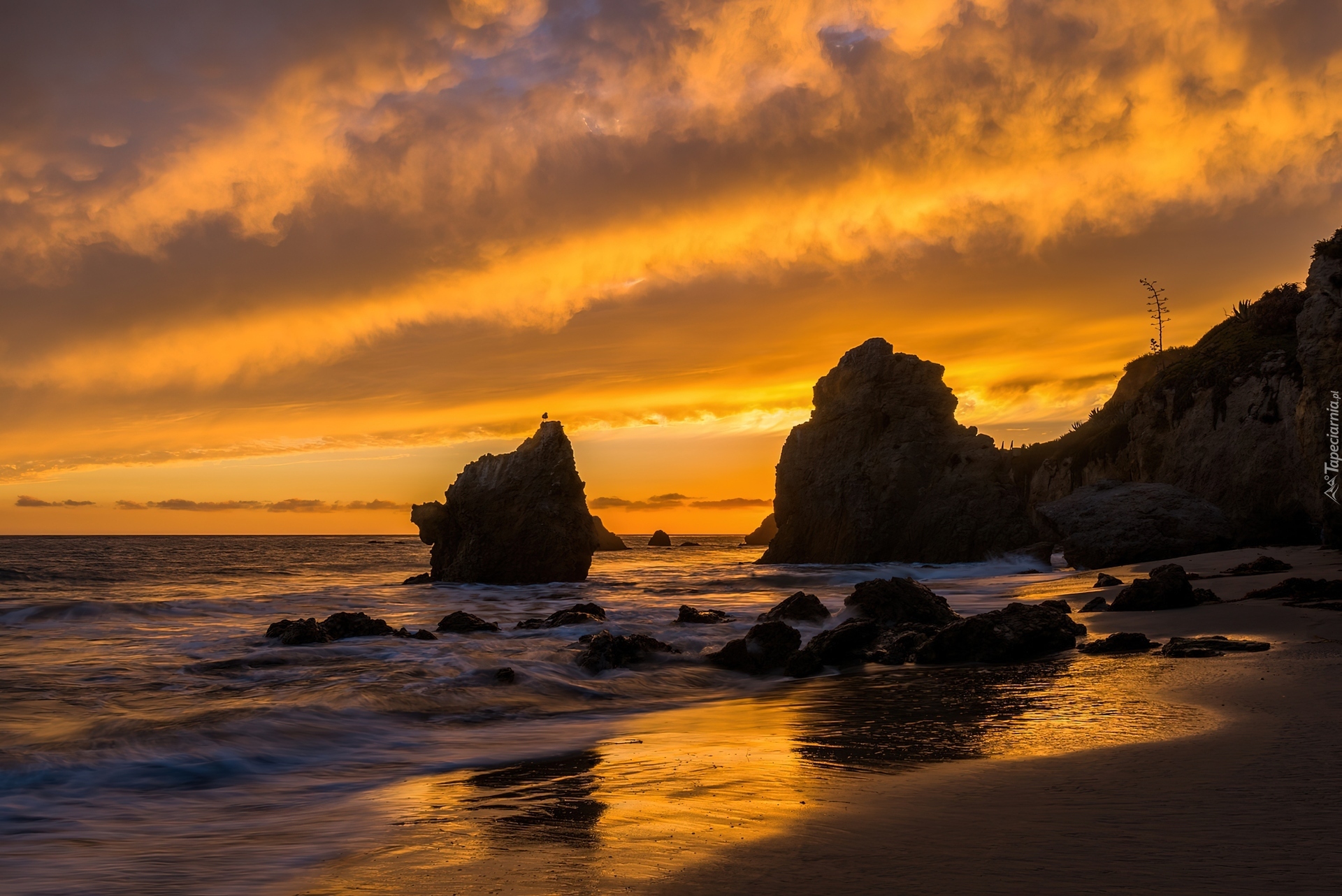 Morze, Skały, Plaża, Zachód Słońca, El Matador, Kalifornia