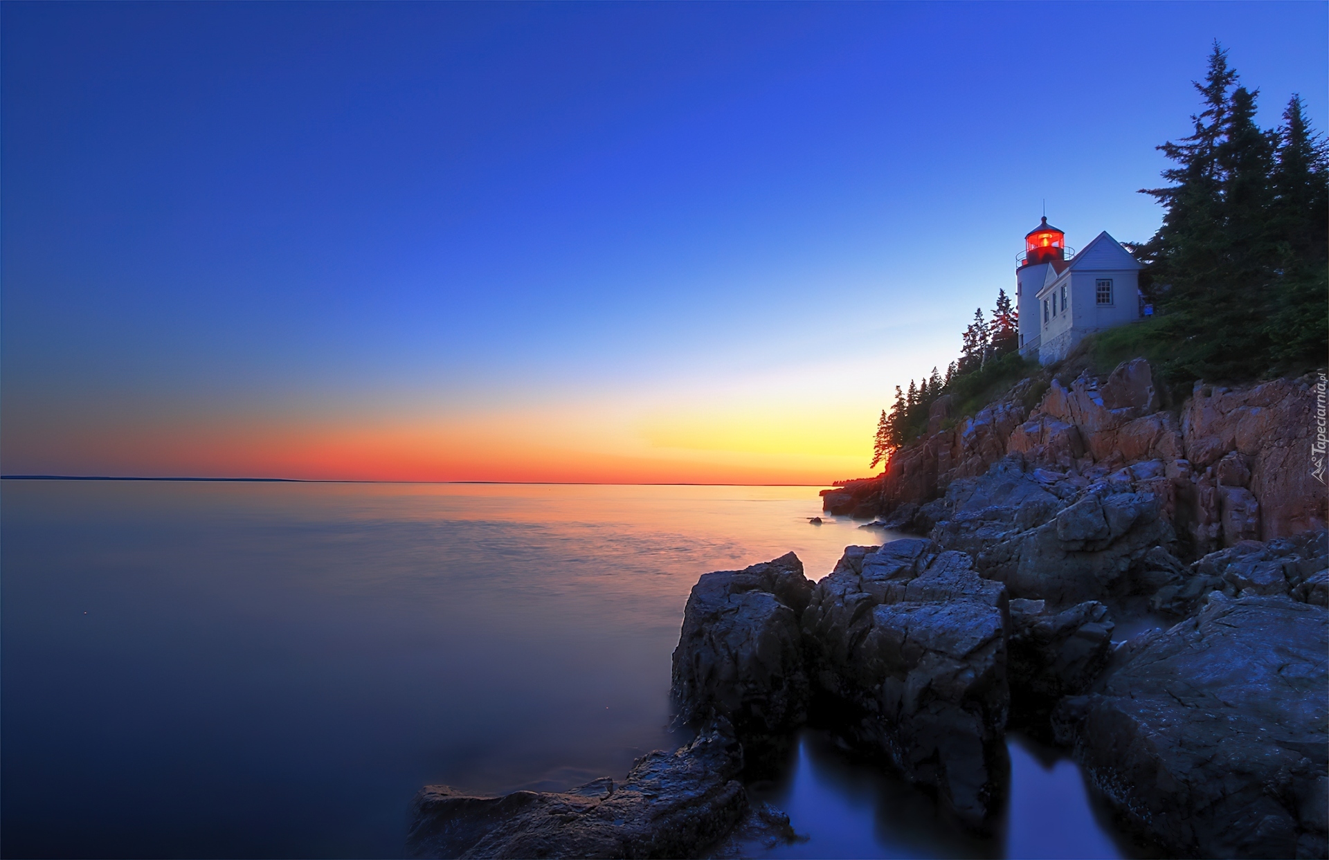 Latarnia Morska, Skały, Morze, Zachód Słońca, Maine