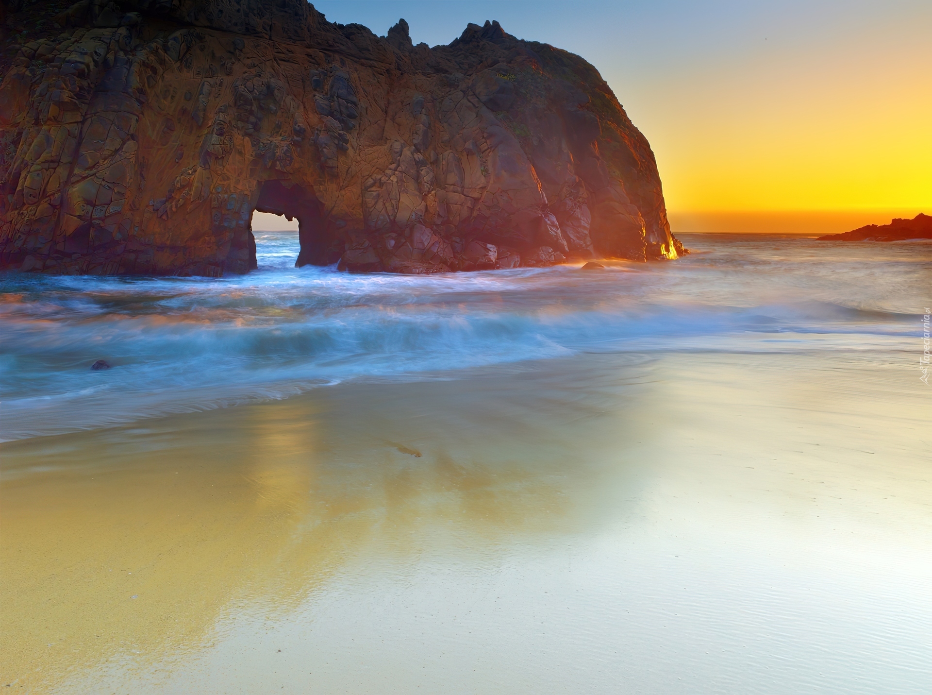 Morze, Skały, Zachód Słońca, Kalifornia