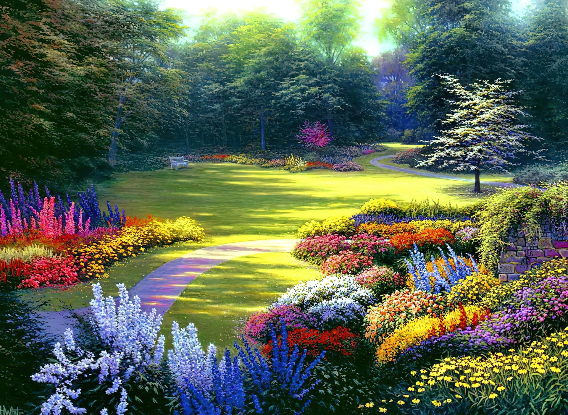 Ogród, Kolorowe, Kwiaty, Alejka