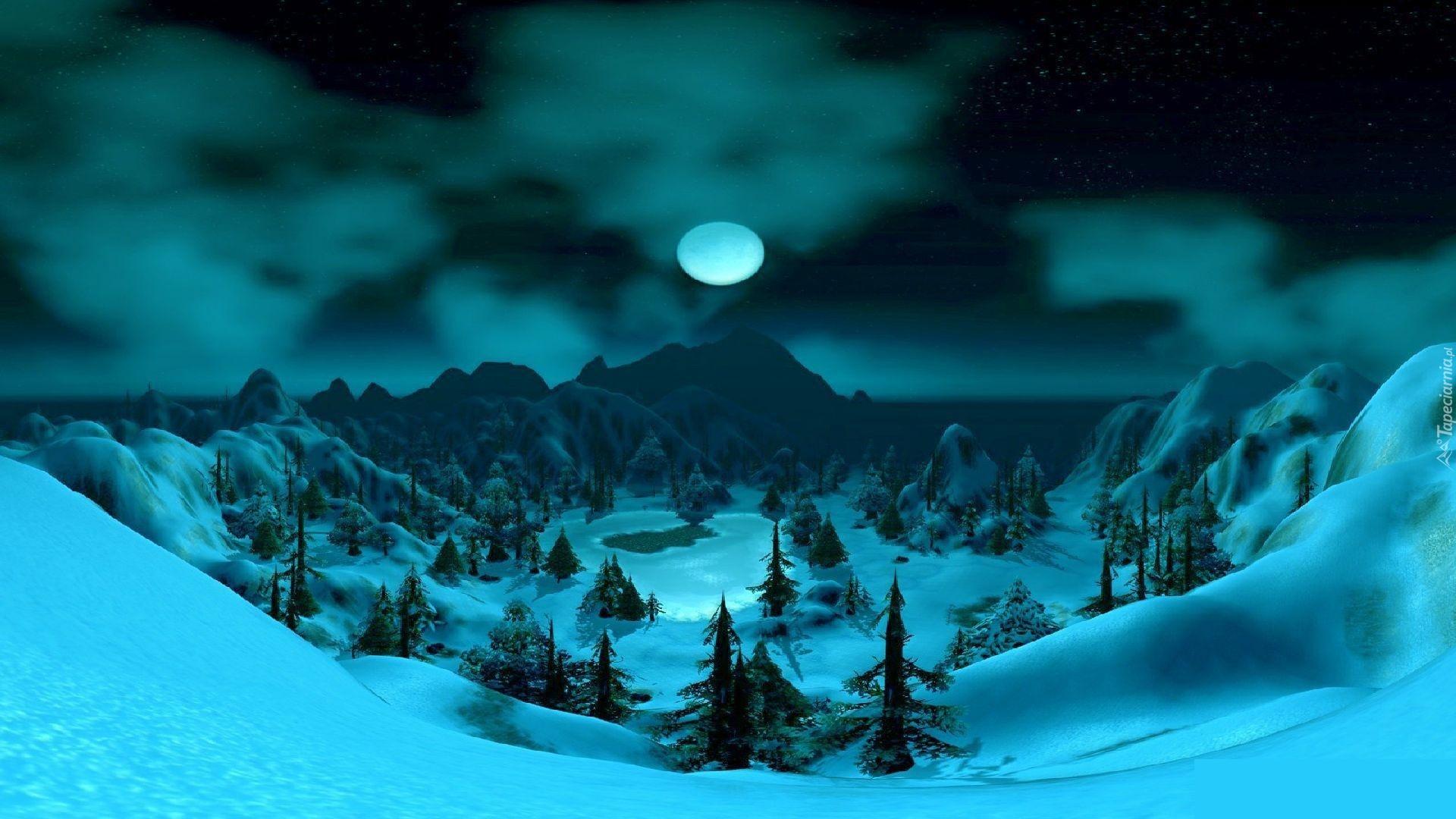 Zima, Drzewa, Góry, Księżyc, Noc