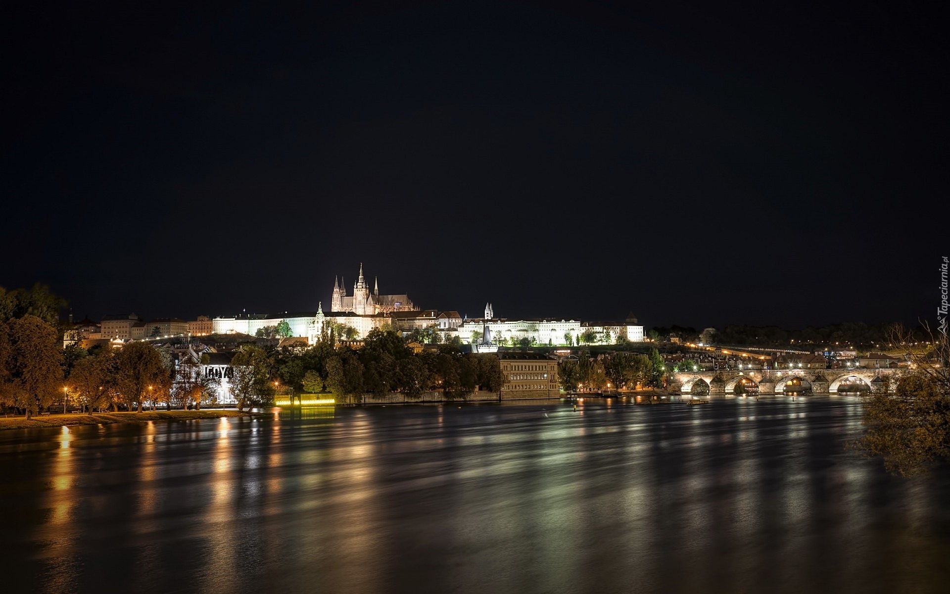 Panorama, Miasta, Nocą, Praga, Czechy