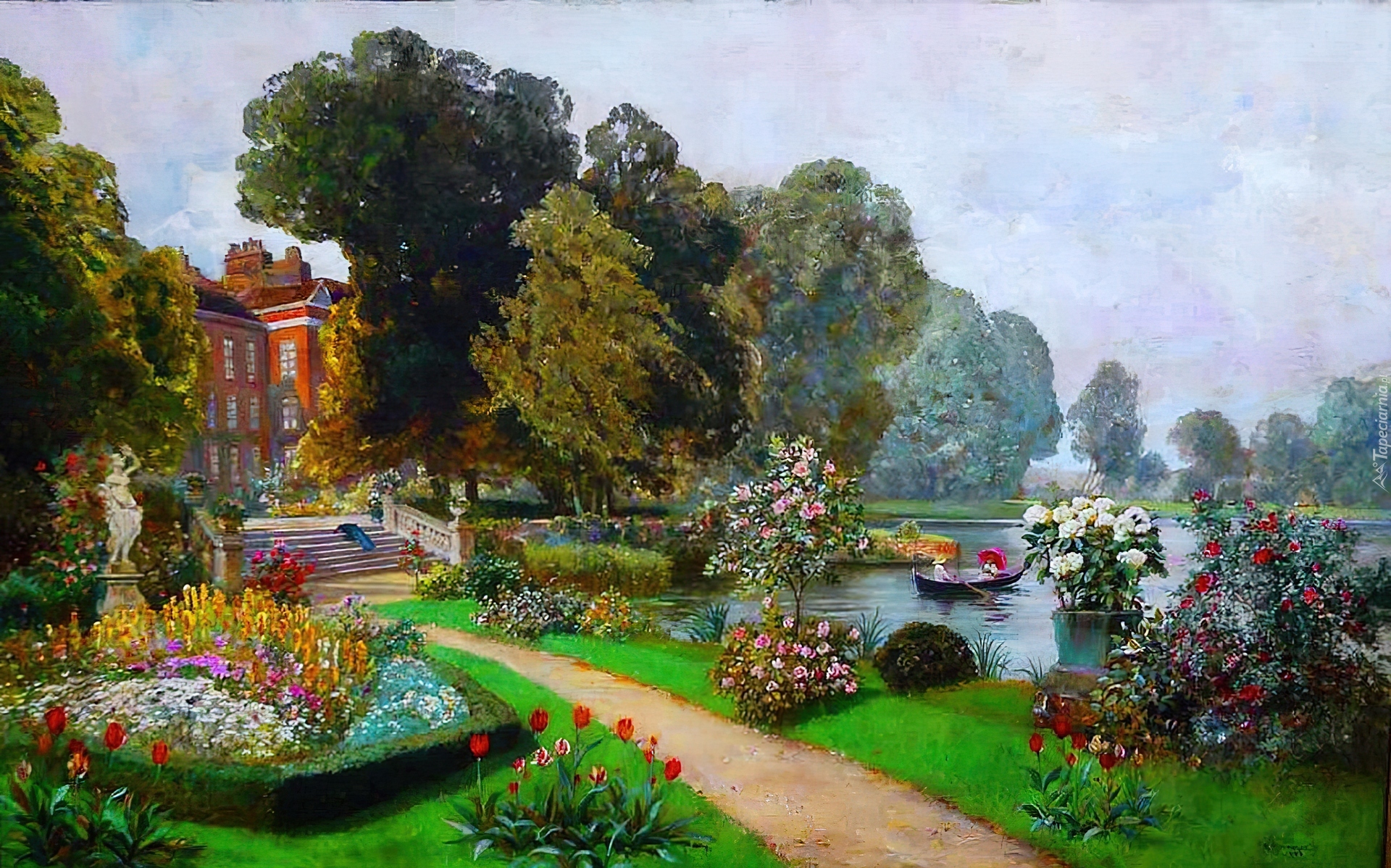 Ogród, Pałac, Staw, Kwiaty