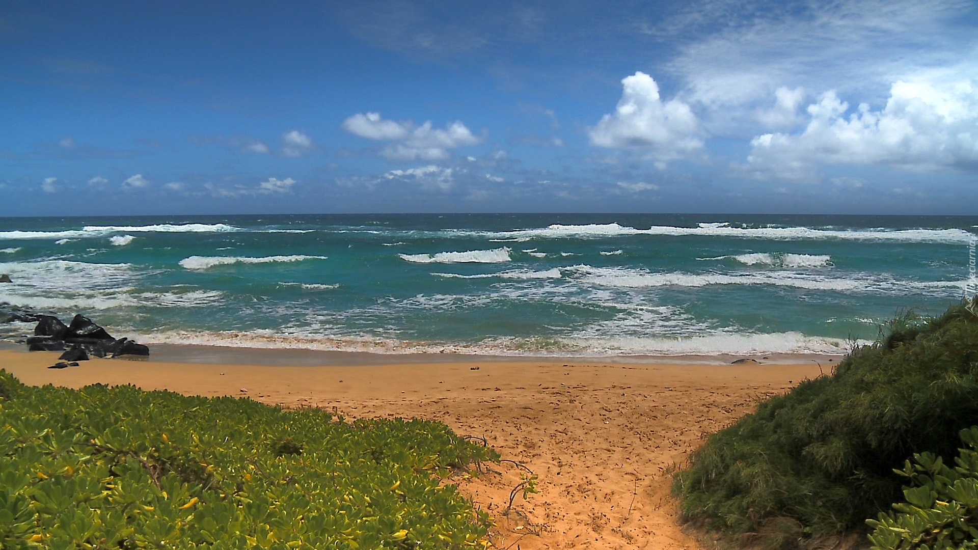 Morze, Plaża, Fale, Chmury