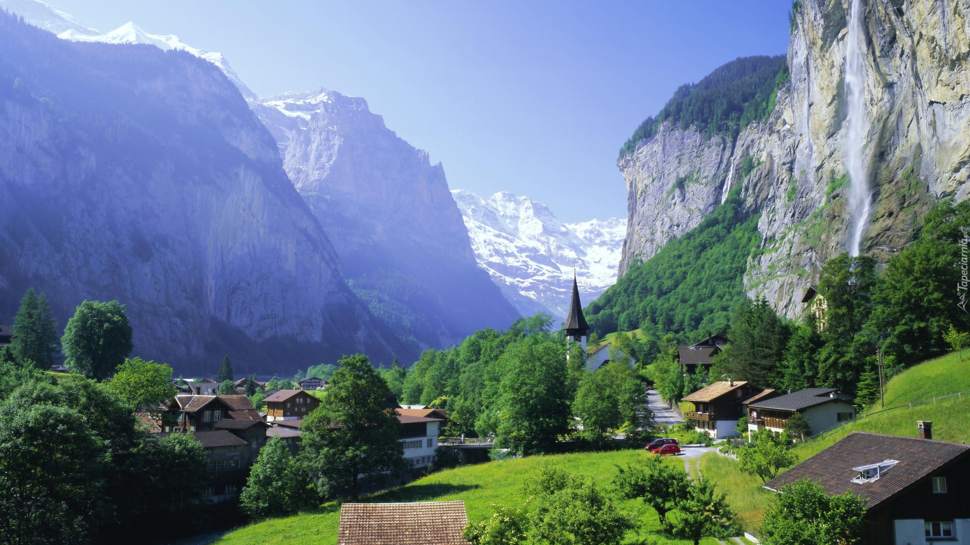 Góry, Wodospad, Domy, Drzewa, Lauterbrunnen, Szwajcaria