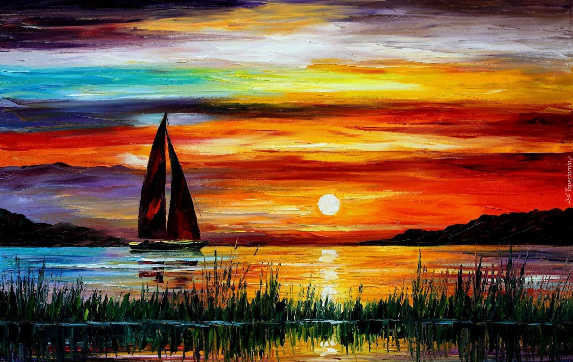 Zachód, Słońca, Jezioro, Żaglówka, Leonid Afremov