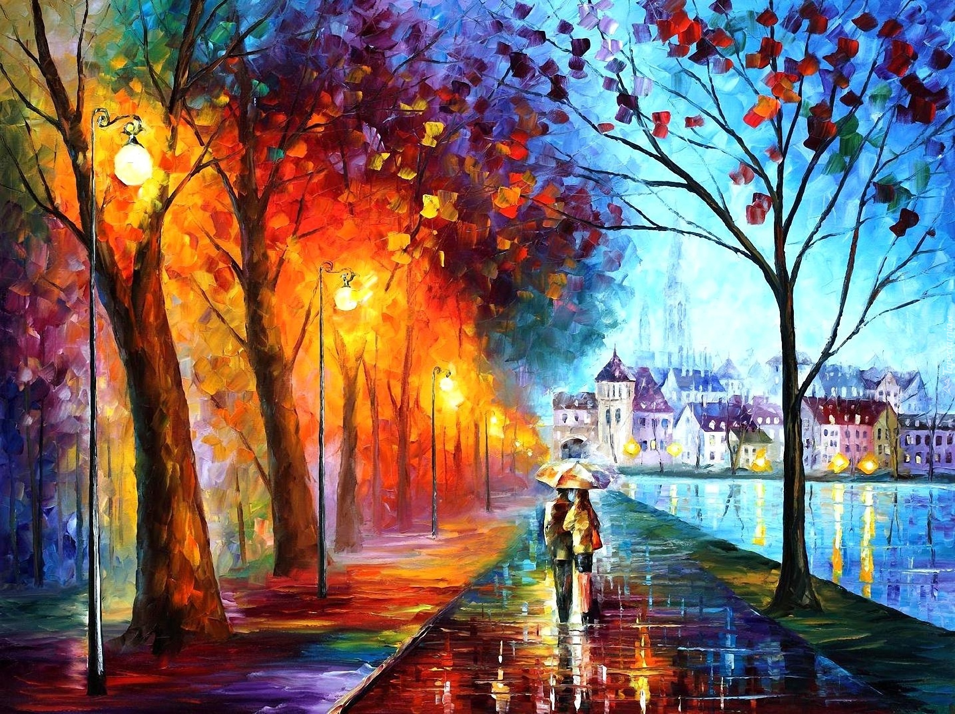 Drzewa, Park, Zbudowania, Leonid Afremov