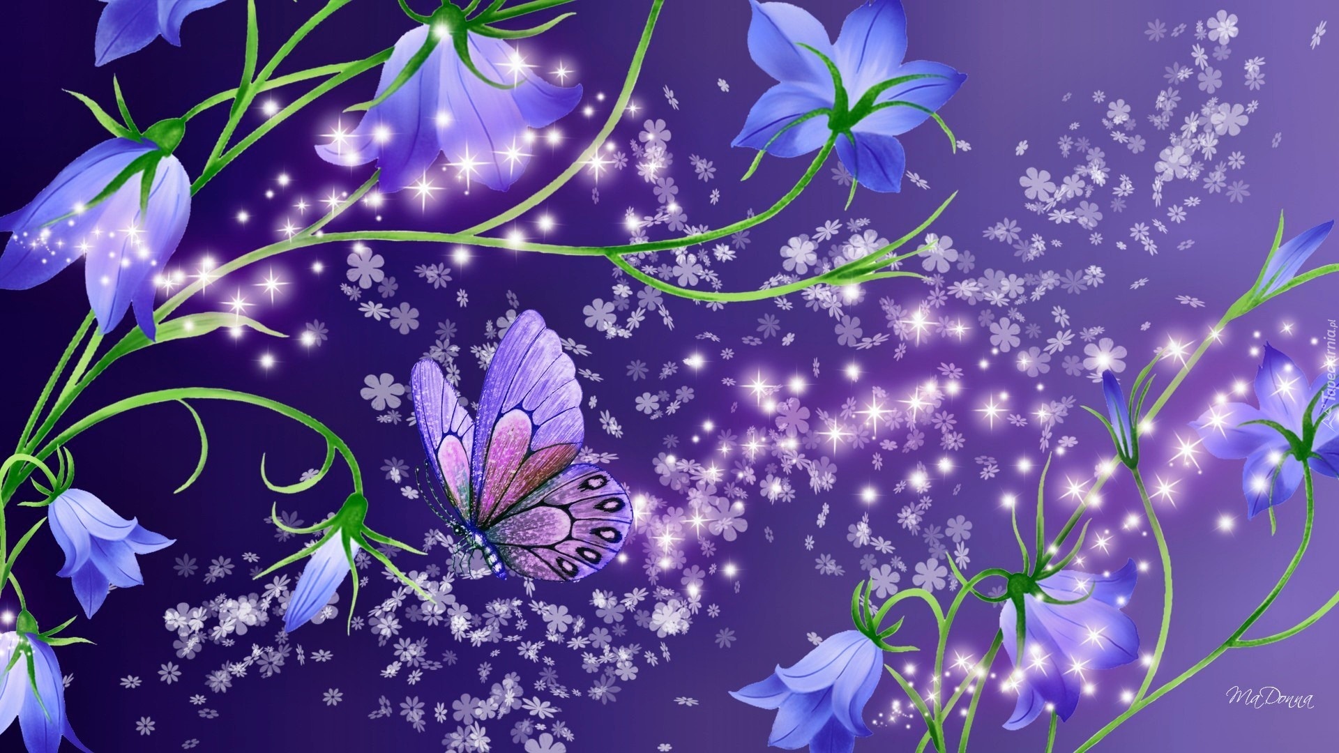 Niebieskie, Kwiaty, Motyl, Art