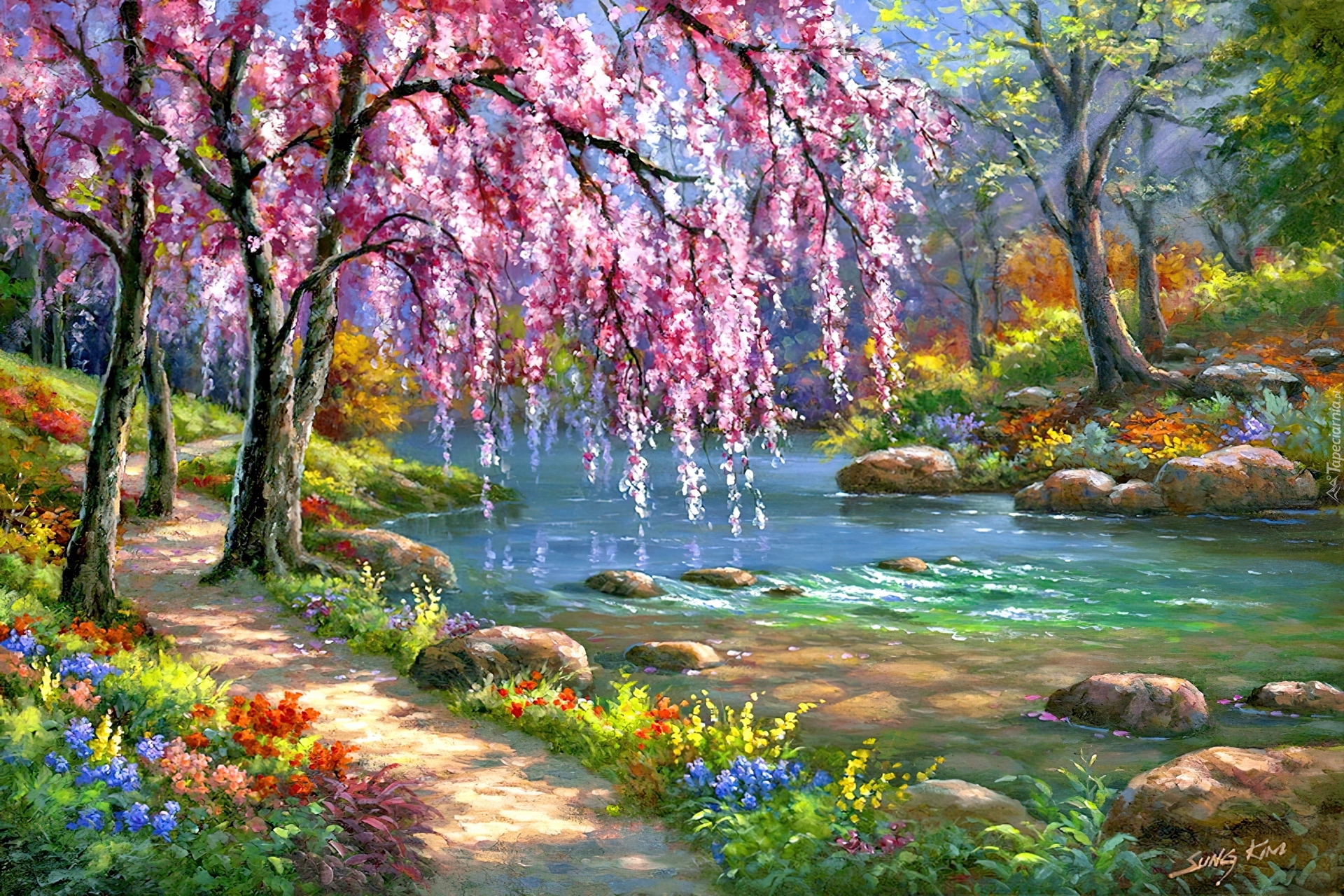 Dróżka, Rzeka, Kwiaty, Kwitnące, Drzewo