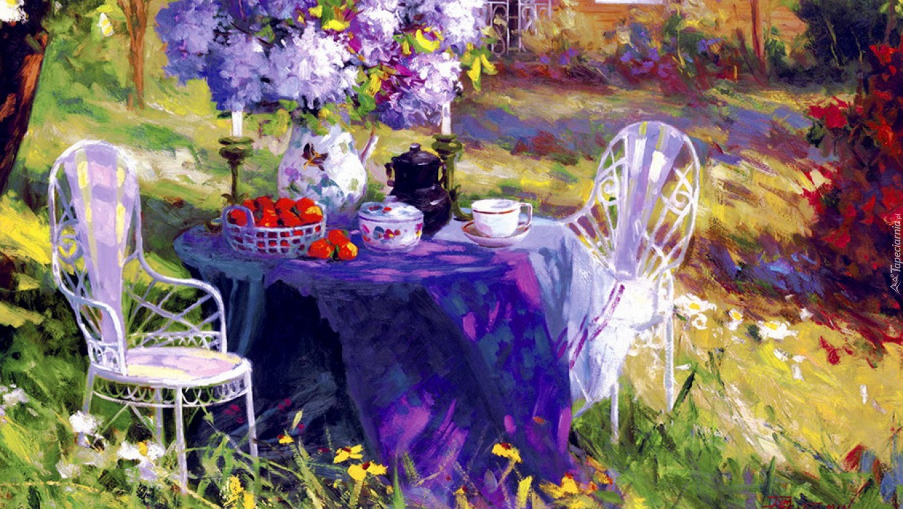 Obraz, Stół, Zastawa, Kwiaty