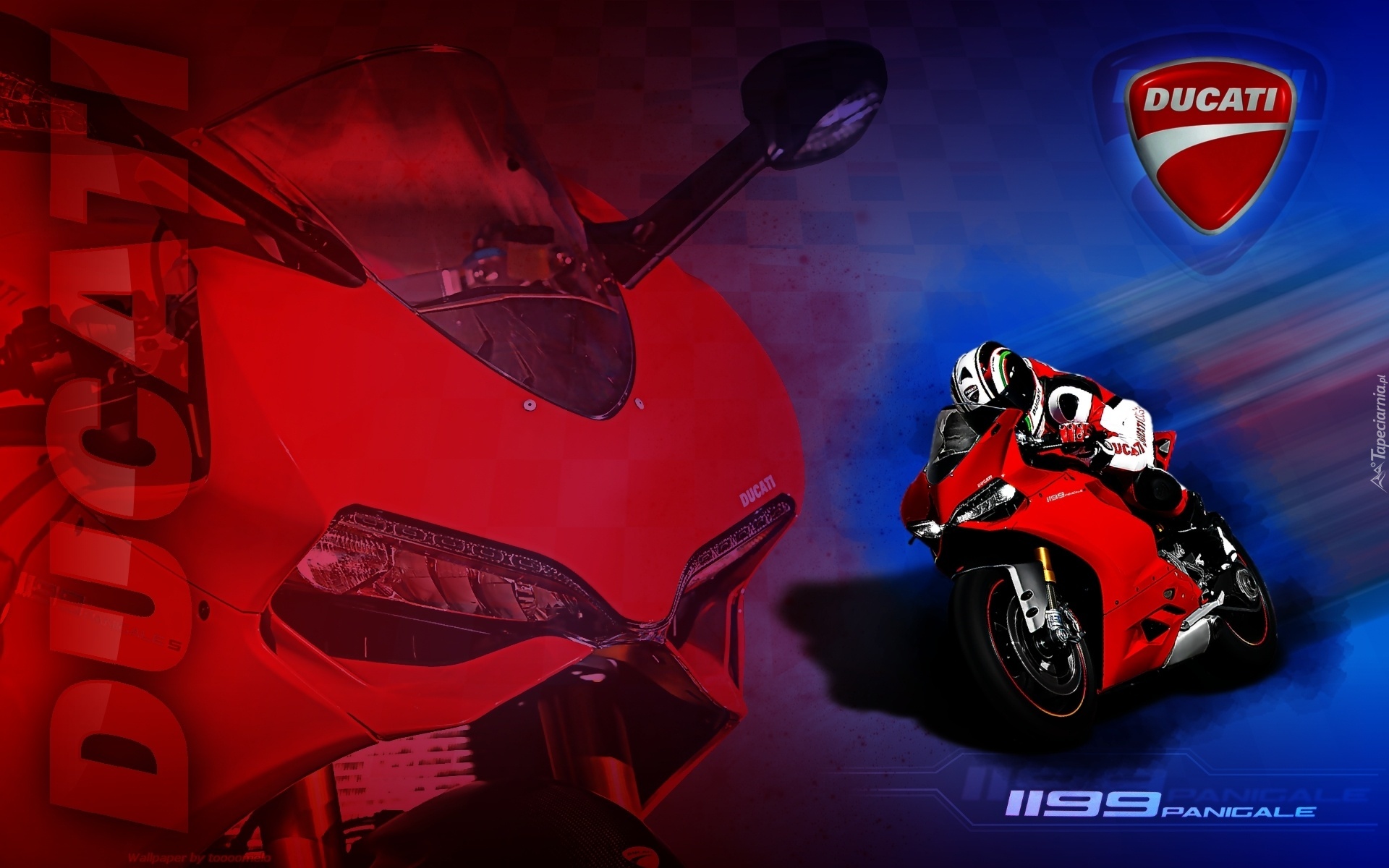 Ducati 1199 Panigale, Czerwony, Logo, Motocyklista.