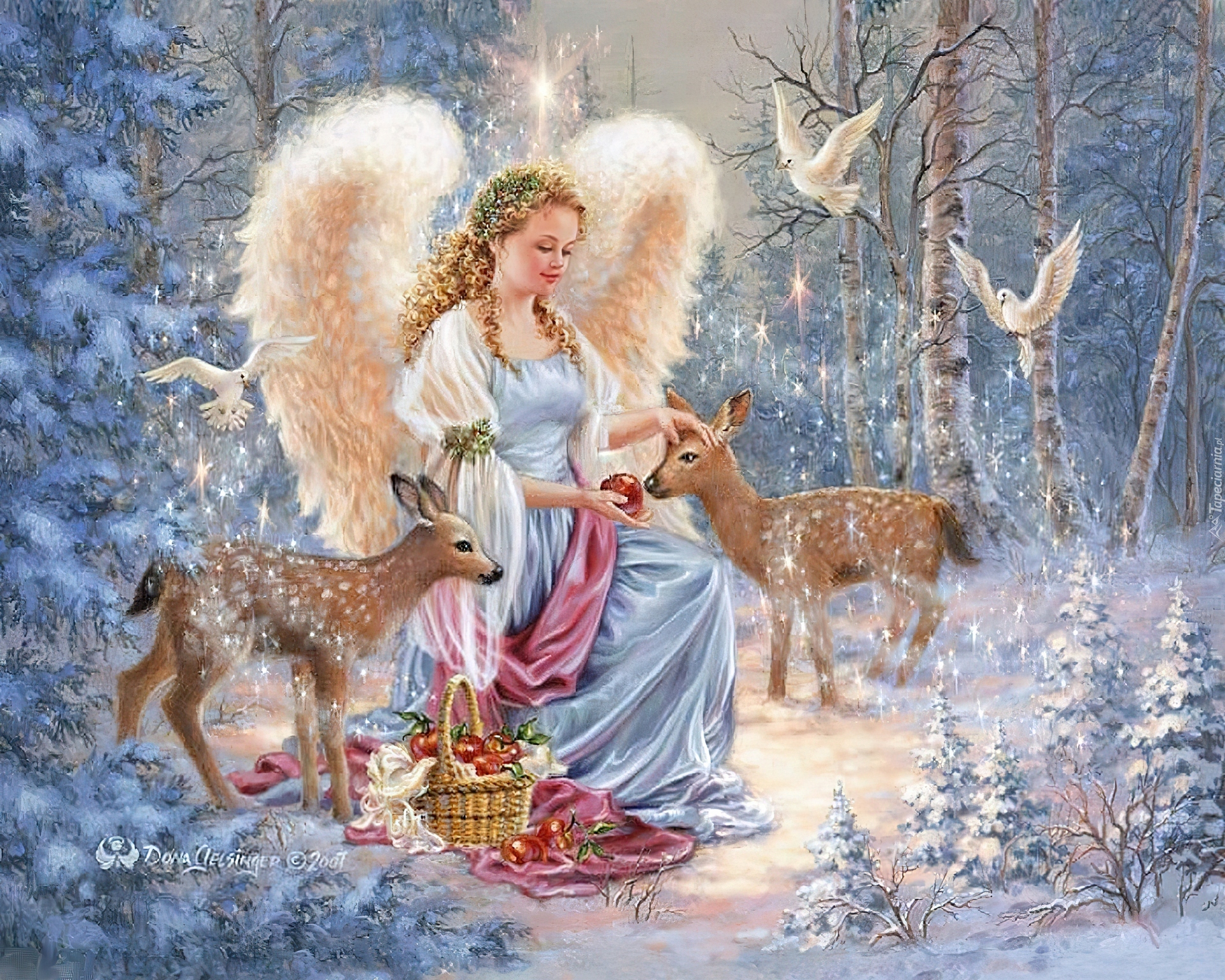 Dziewczyna, Anioł, Las, Sarny, Gołębie, Zima