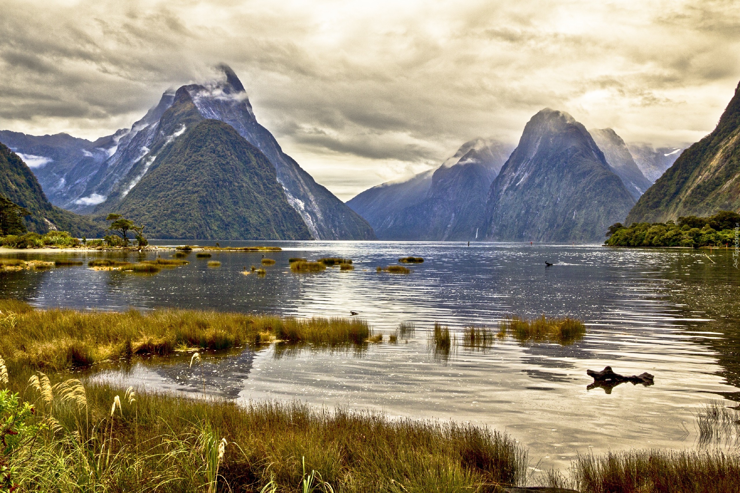 Jezioro, Góry, Chmury, Milford Sound, Nowa Zelandia