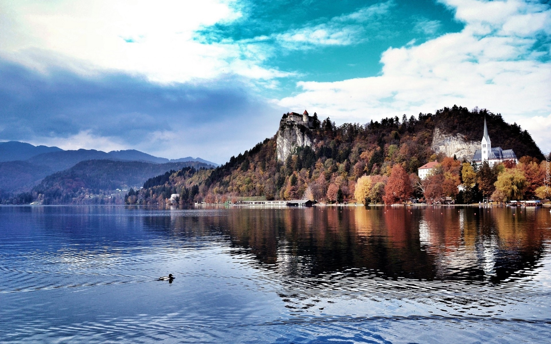 Słowenia, Bled, Jezioro Lake Bled, Kościół, Zamek Bled Castle