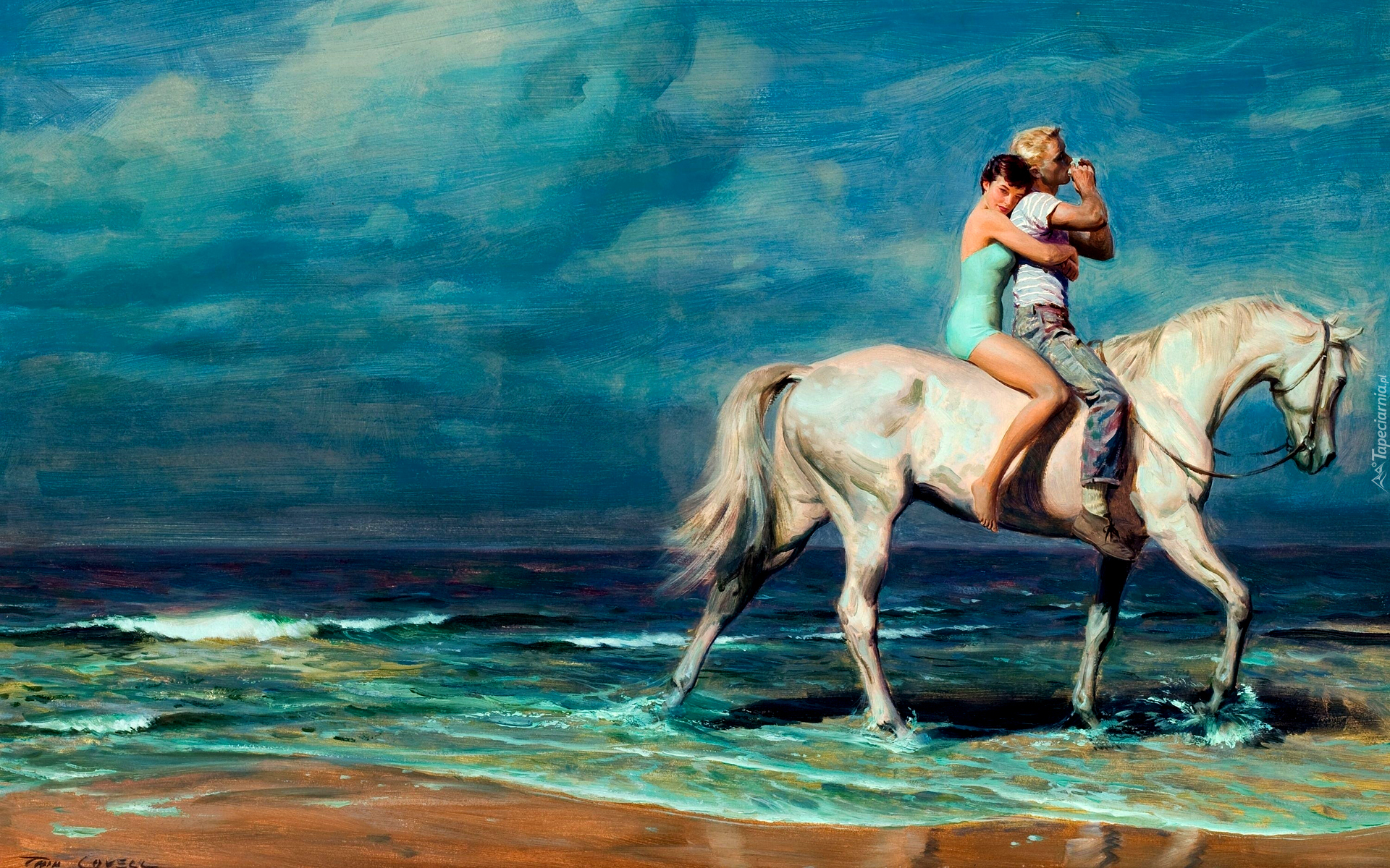 Obraz, Morze, Koń, Zakochani