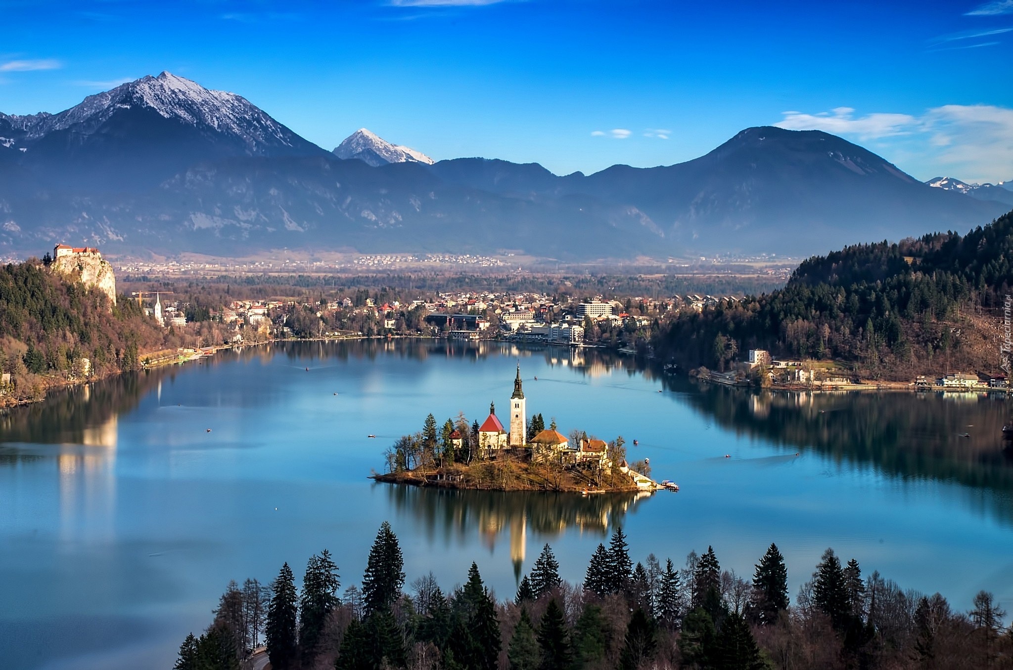 Góry, Jezioro, Wyspa, Bled, Słowenia