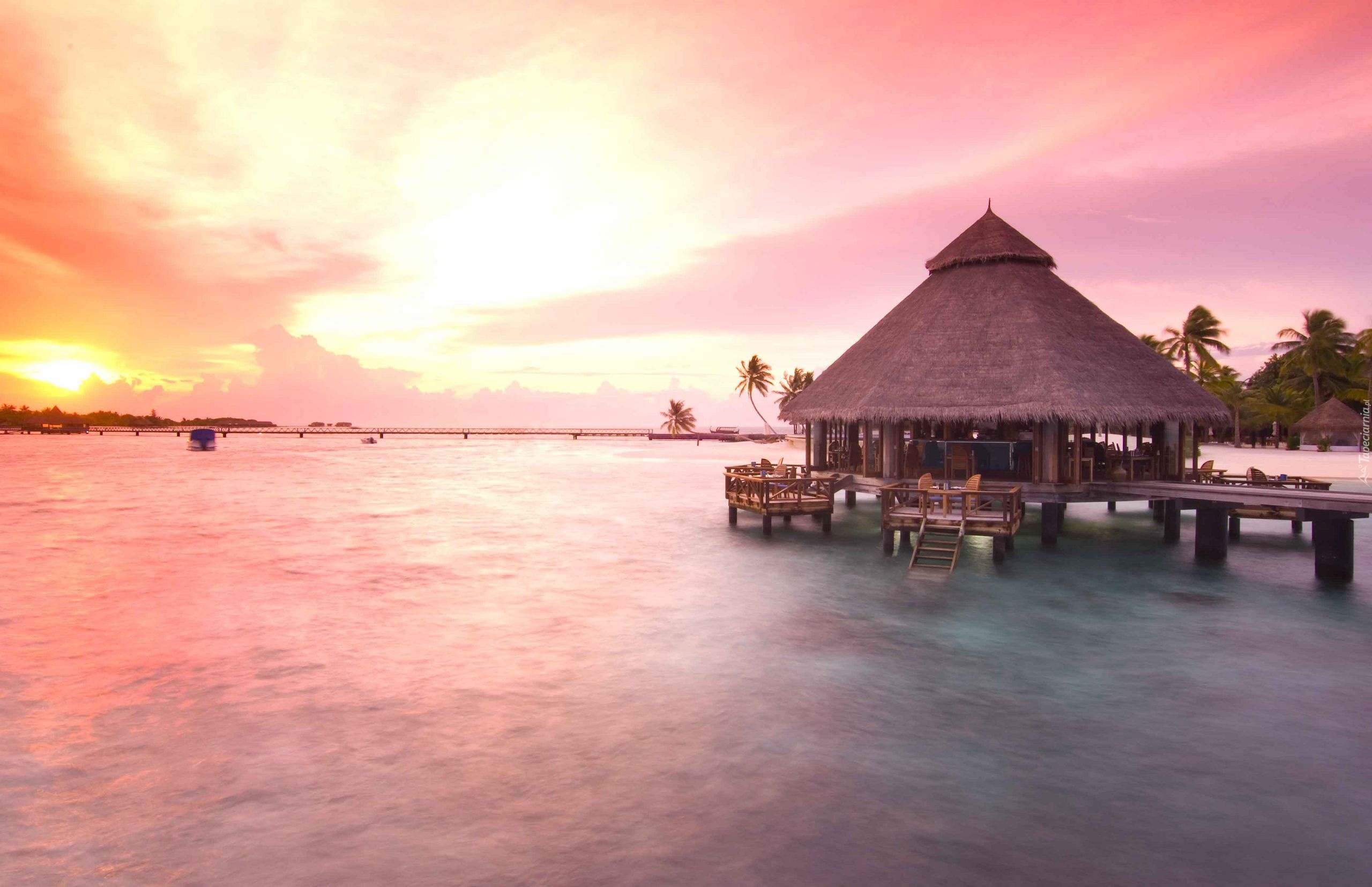 Domek, Morze, Zachód Słońca, Malediwy